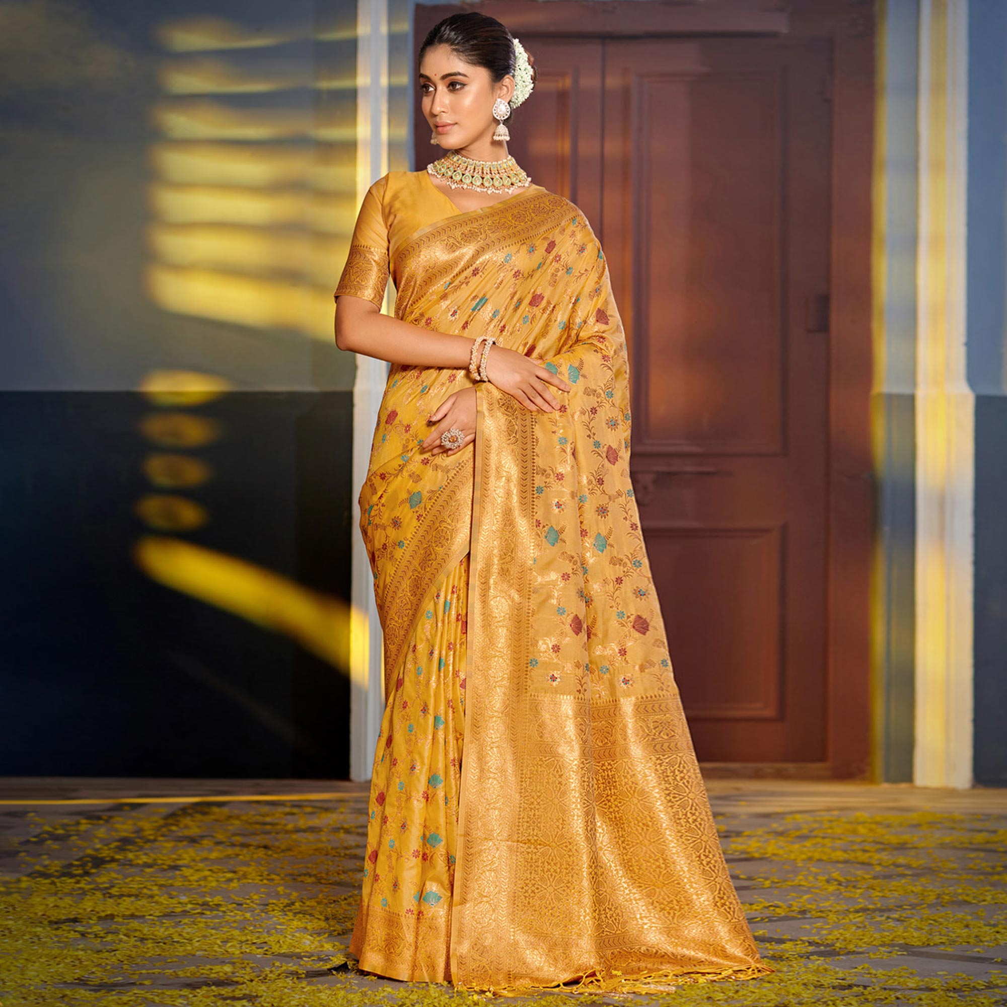 Mustard Floral Woven Banarasi Silk Saree With Tassels