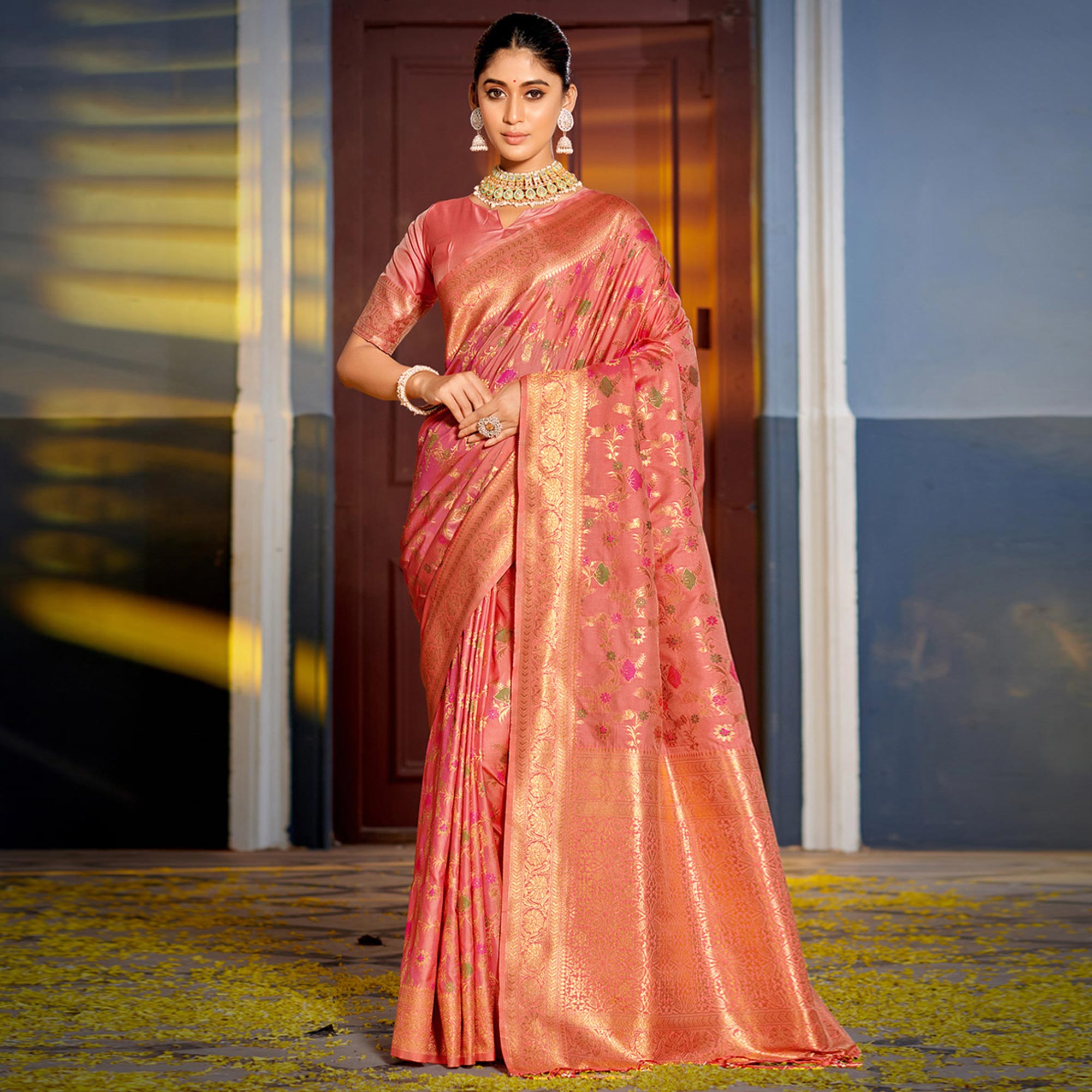 Peach Floral Woven Banarasi Silk Saree With Tassels