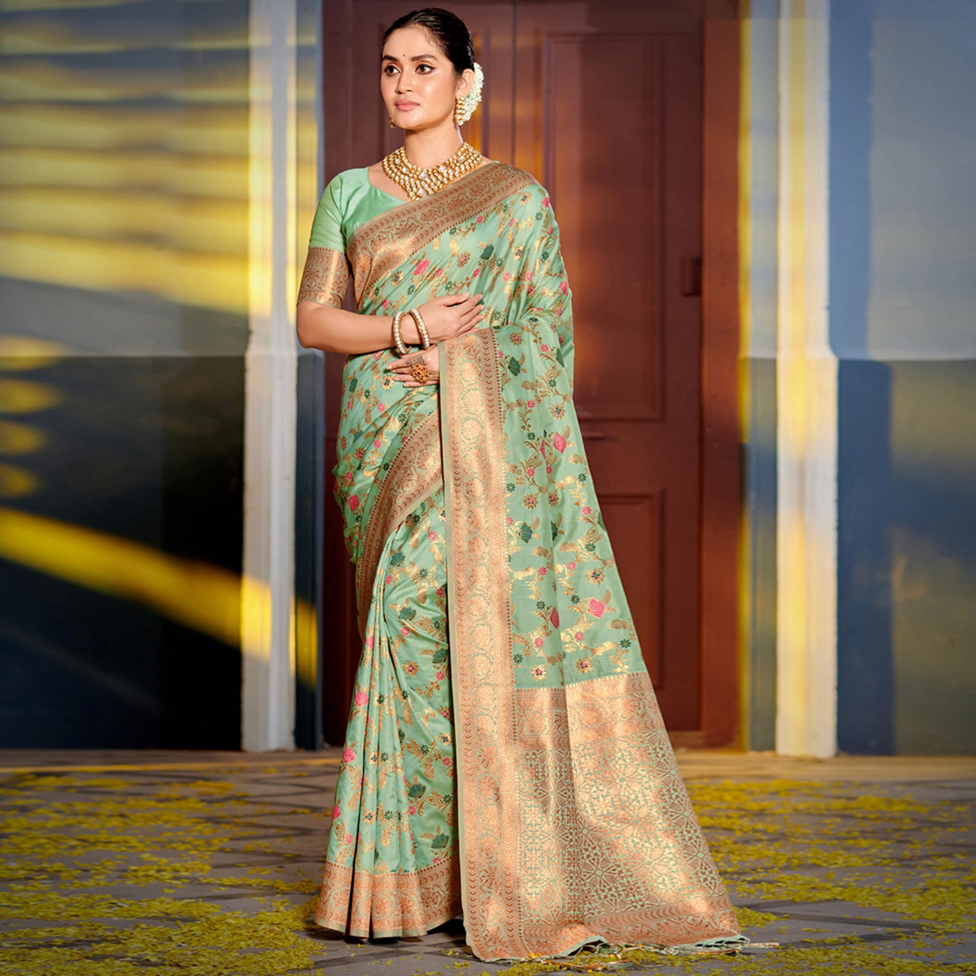 Sea Green Floral Woven Banarasi Silk Saree With Tassels