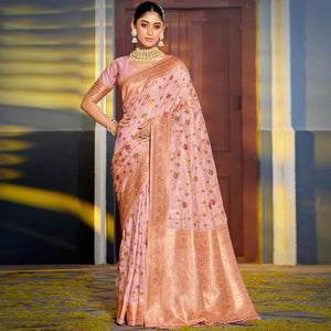 Pink Floral Woven Banarasi Silk Saree With Tassels