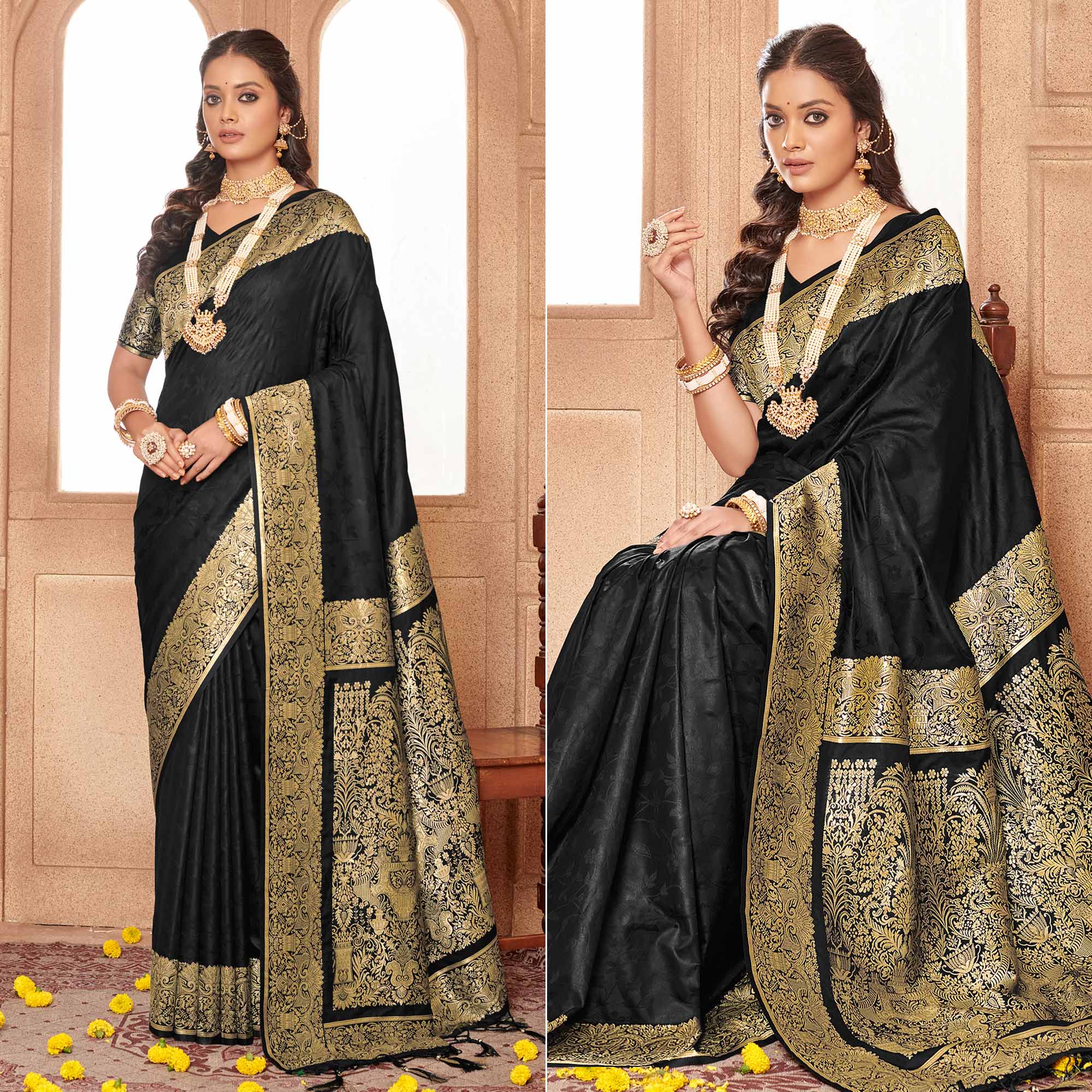 Black Floral Woven Banarasi Silk Saree With Tassels