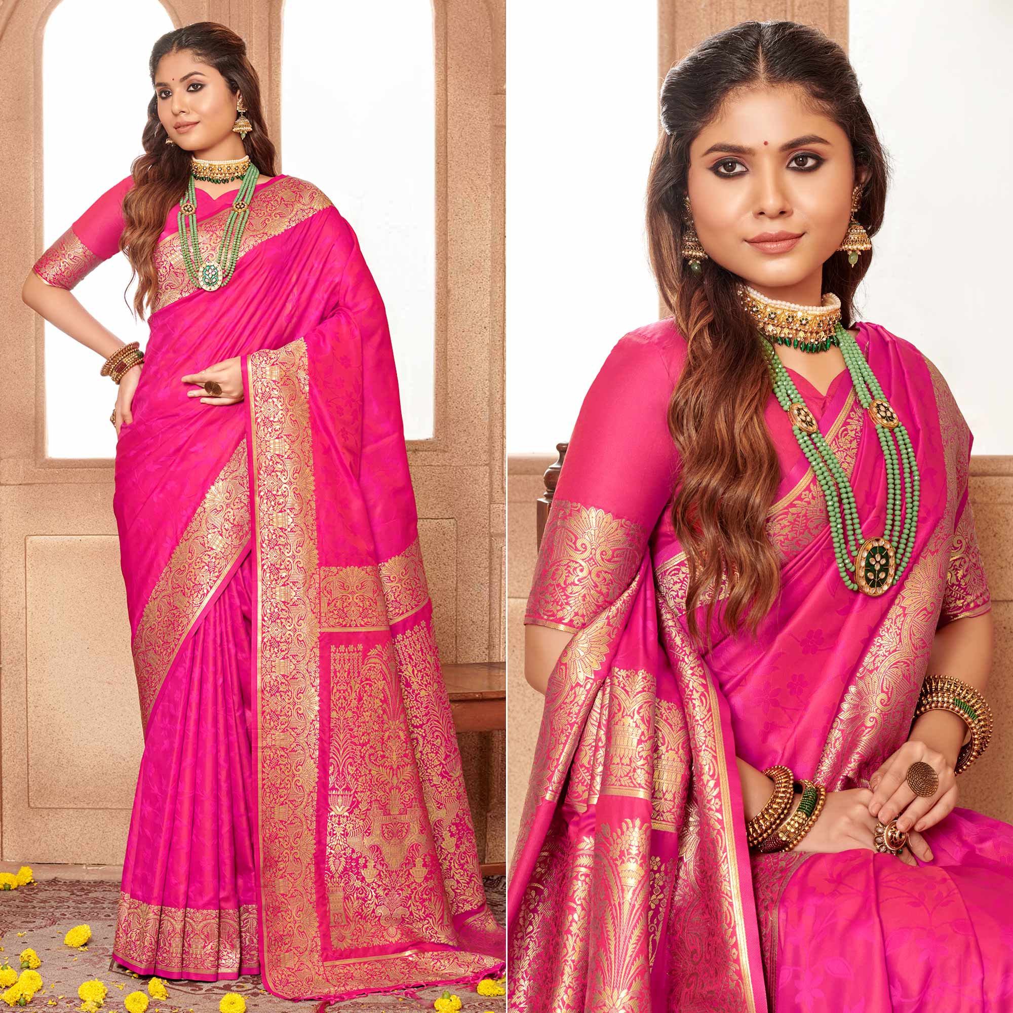 Rani Pink Floral Woven Banarasi Silk Saree With Tassels