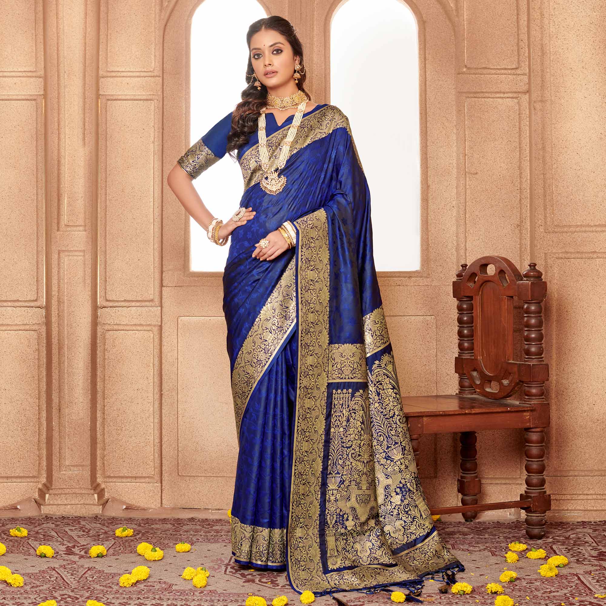 Blue Floral Woven Banarasi Silk Saree With Tassels