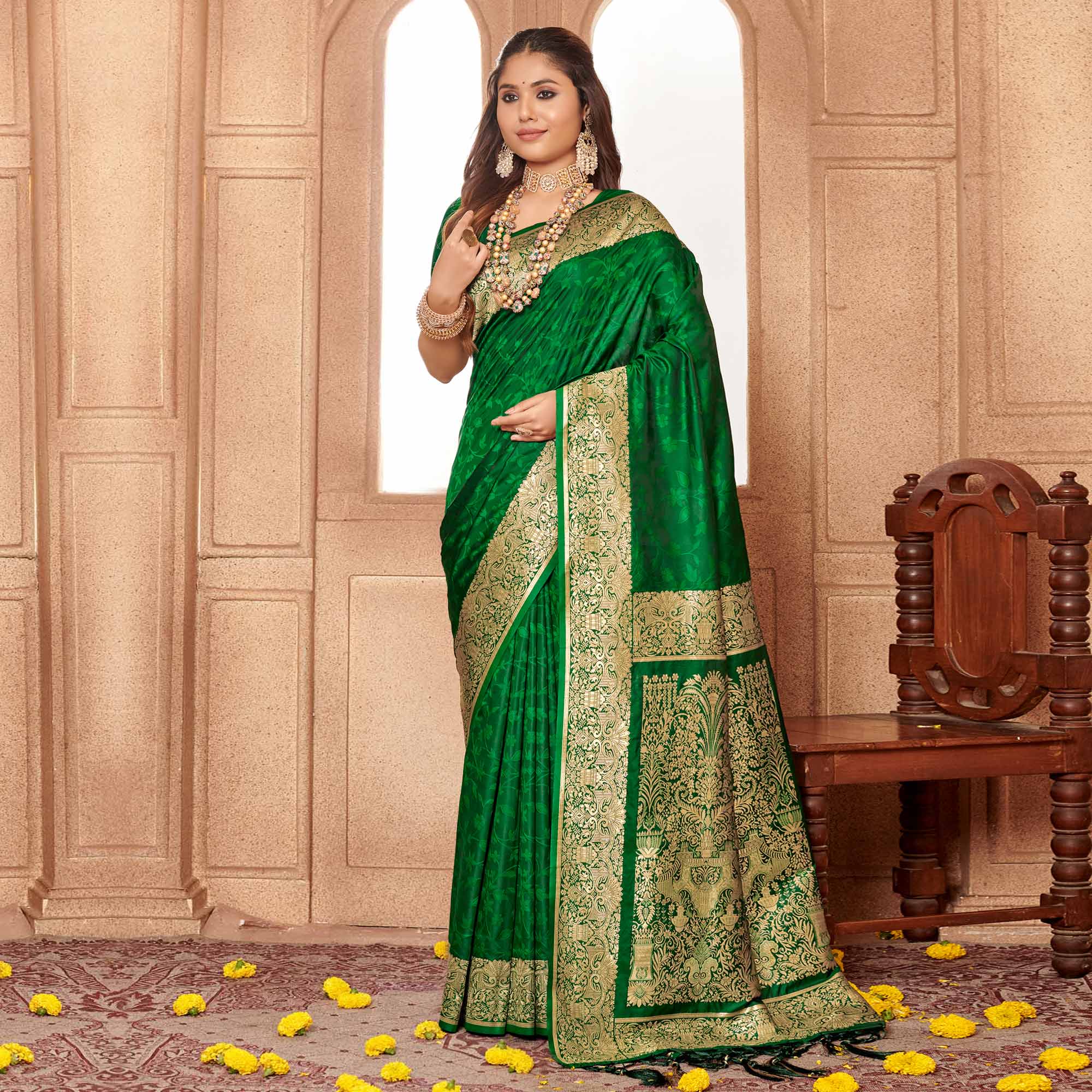 Green Floral Woven Banarasi Silk Saree With Tassels