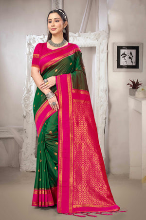 Classic Dark Green Floral Motif Weaving Silk Blend Saree With Tassel Pallu