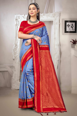 Classic Blue Floral Motif Weaving Silk Blend Saree With Tassel Pallu