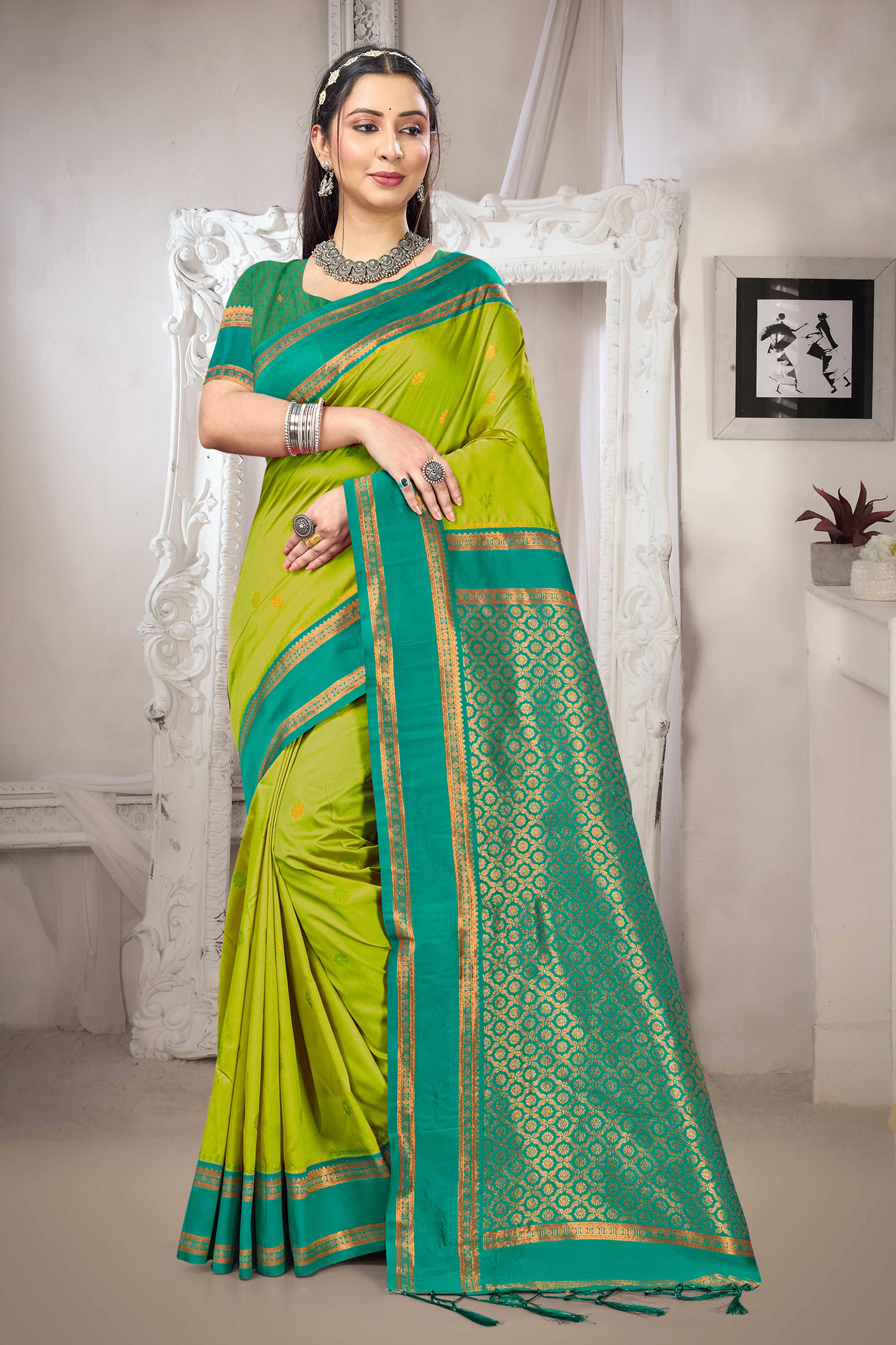 Classic Parrot Green Floral Motif Weaving Silk Blend Saree With Tassel Pallu