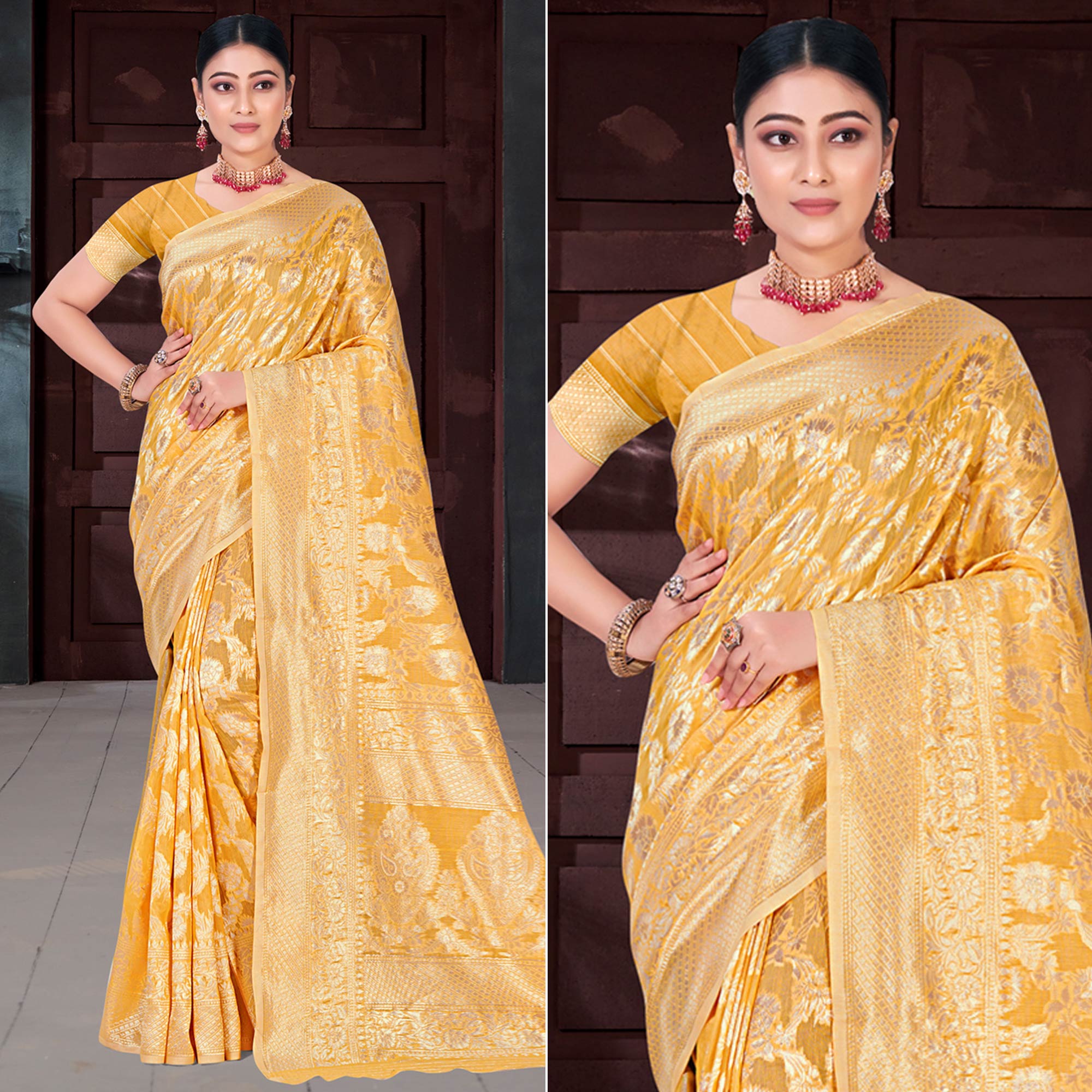 Mustard Floral Woven Cotton Blend Saree