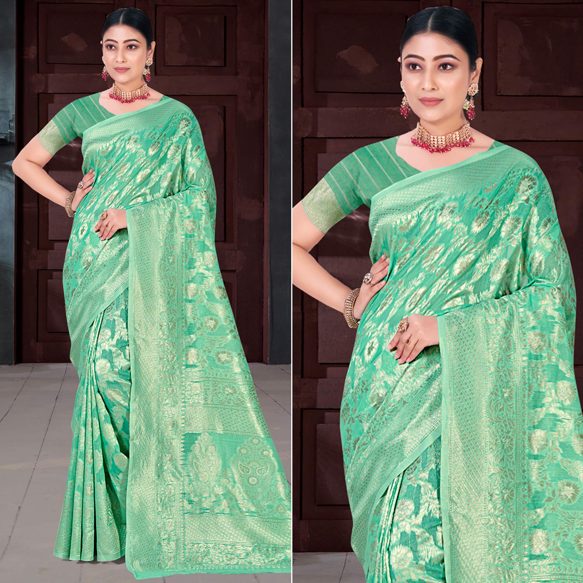 Sea Green Floral Woven Cotton Blend Saree