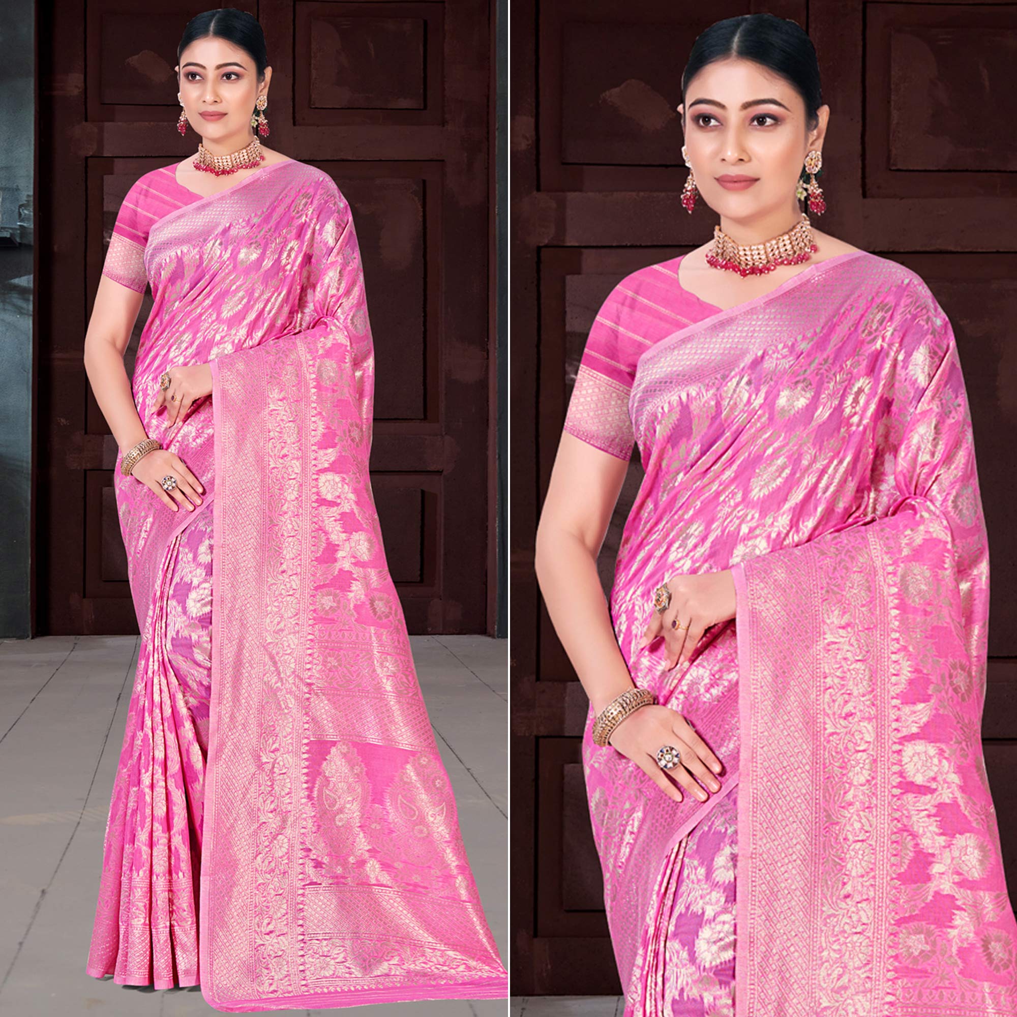 Pink Floral Woven Cotton Blend Saree