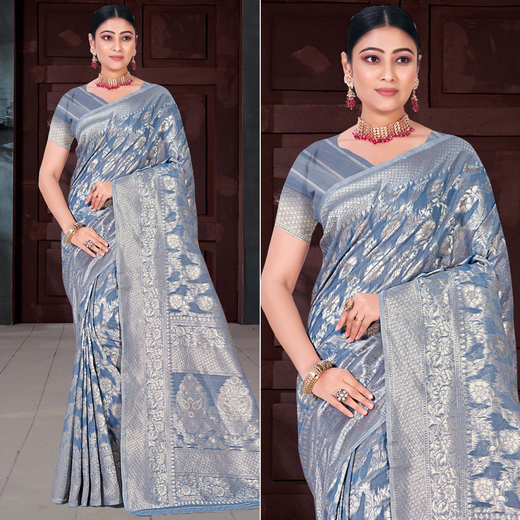 Greyish Blue Floral Woven Cotton Blend Saree