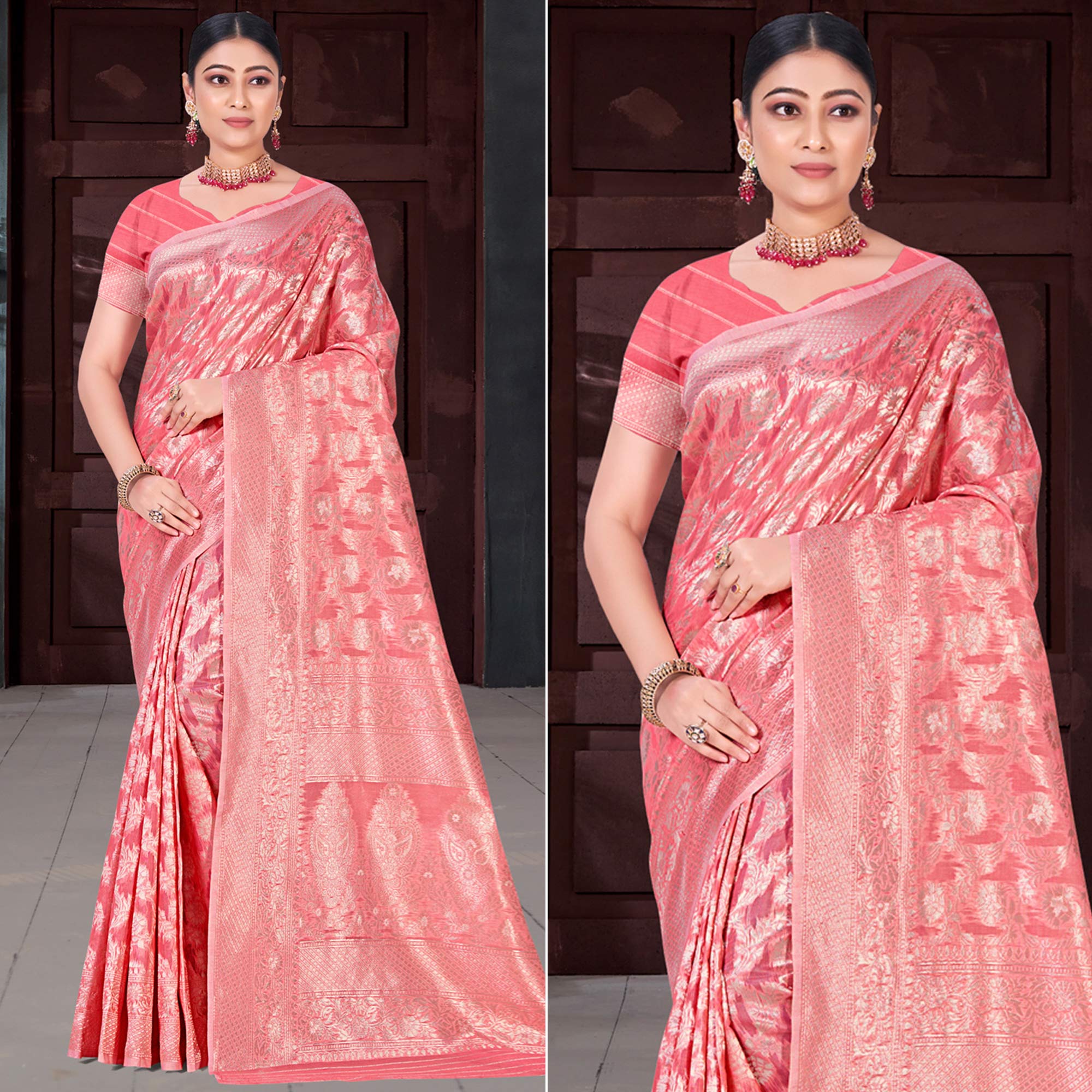 Gajari Pink Floral Woven Cotton Blend Saree