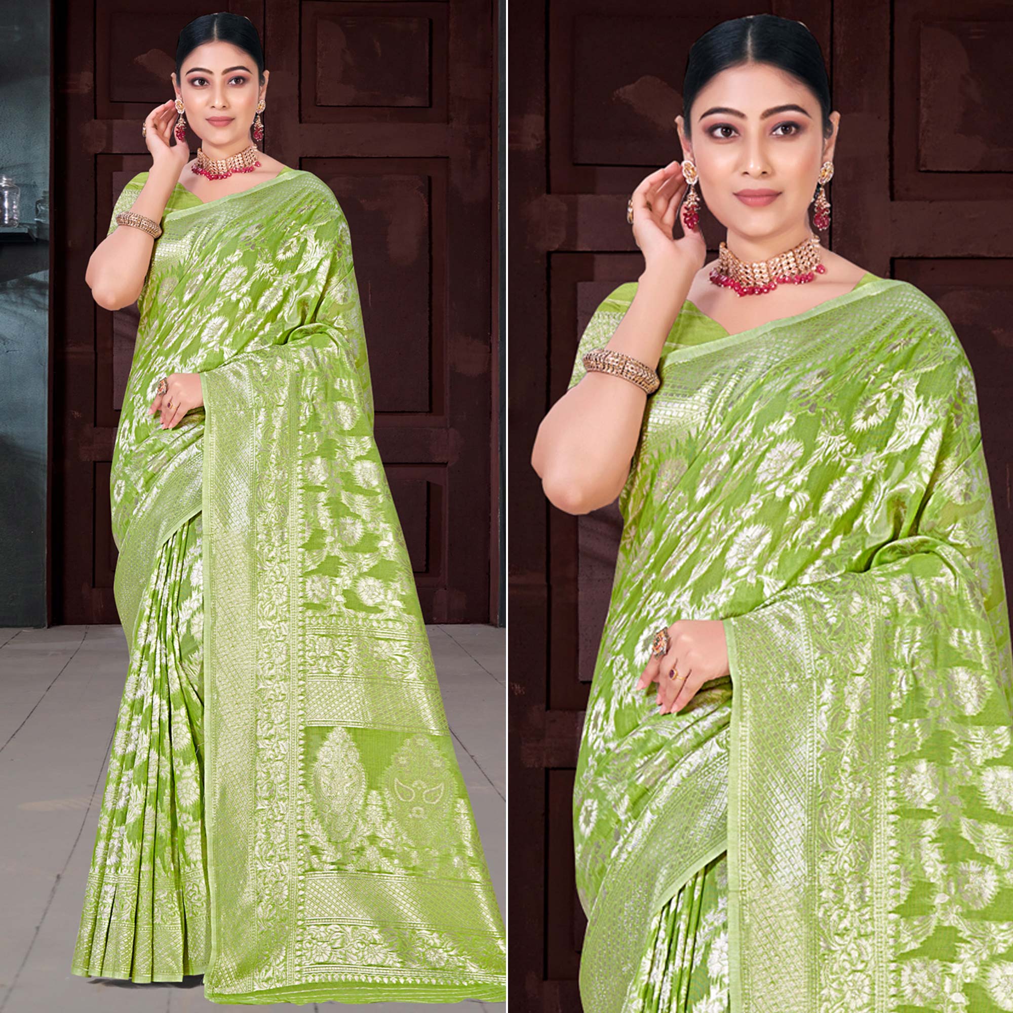 Green Floral Woven Cotton Blend Saree