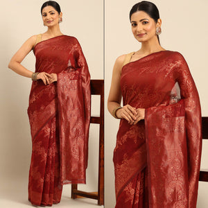 Maroon Floral Woven Cotton Silk Saree