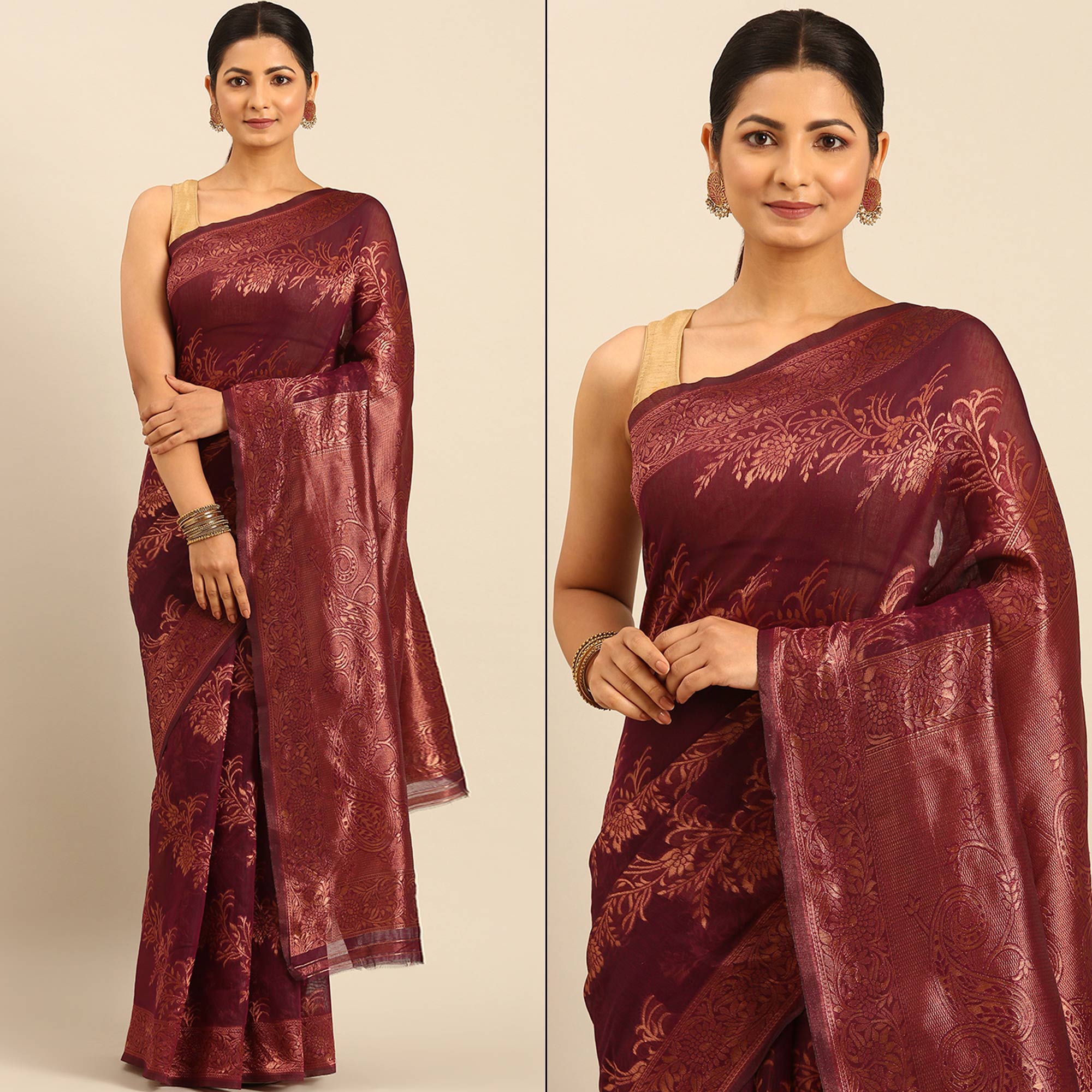 Wine Floral Woven Cotton Silk Saree