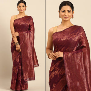Wine Floral Woven Cotton Silk Saree