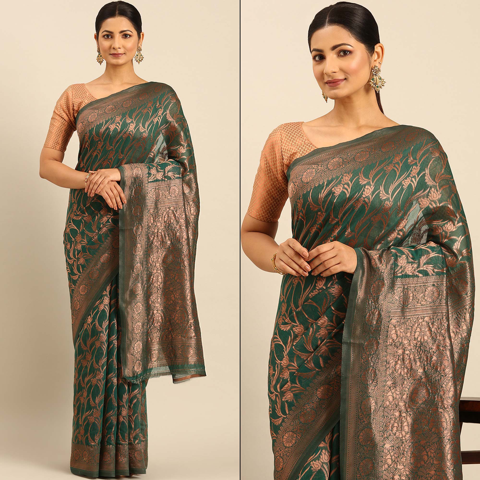Rama Green Floral Woven Cotton Silk Saree
