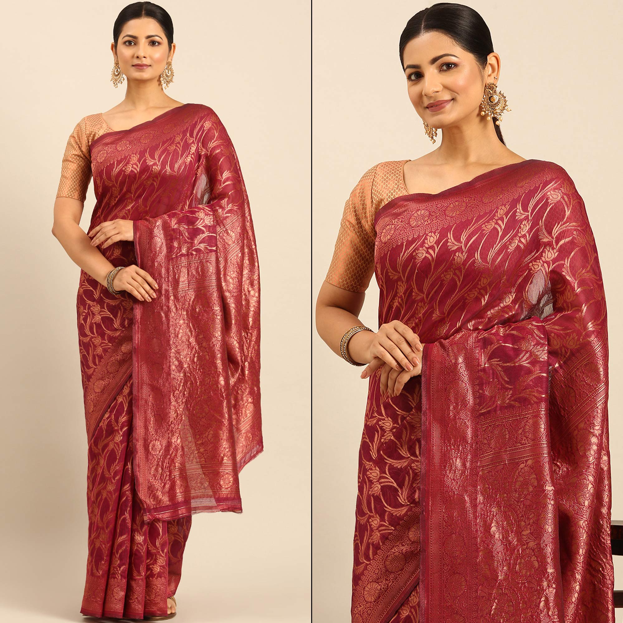 Magenta Floral Woven Cotton Silk Saree