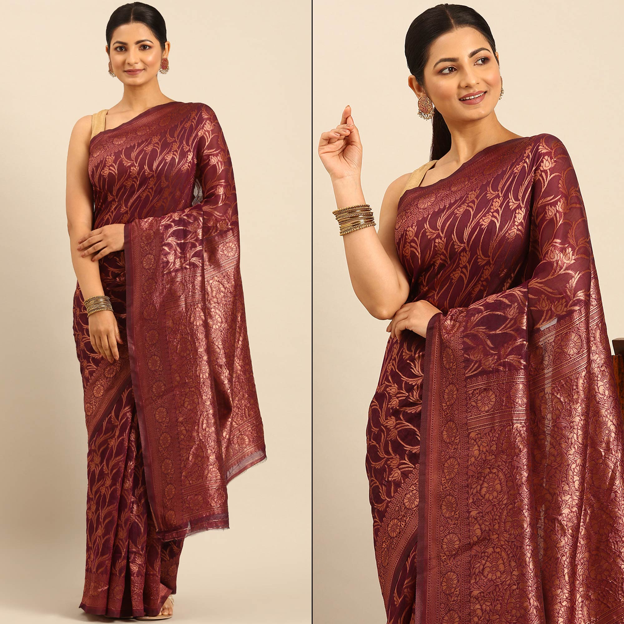Wine Floral Woven Cotton Silk Saree
