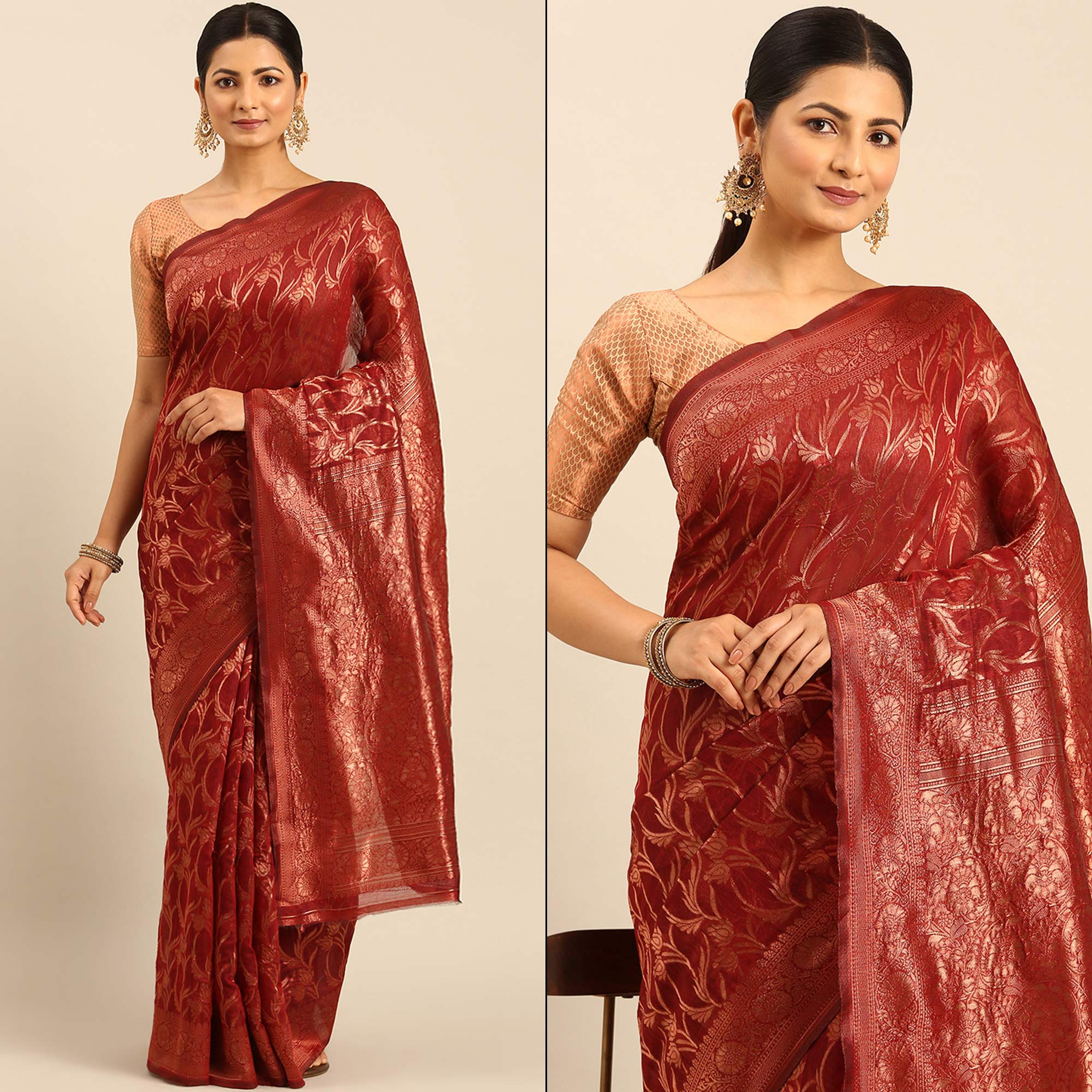Maroon Floral Woven Cotton Silk Saree