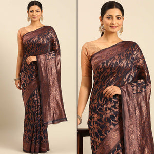 Navy Blue Floral Woven Cotton Silk Saree