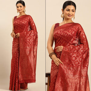 Red Floral Woven Cotton Silk Saree
