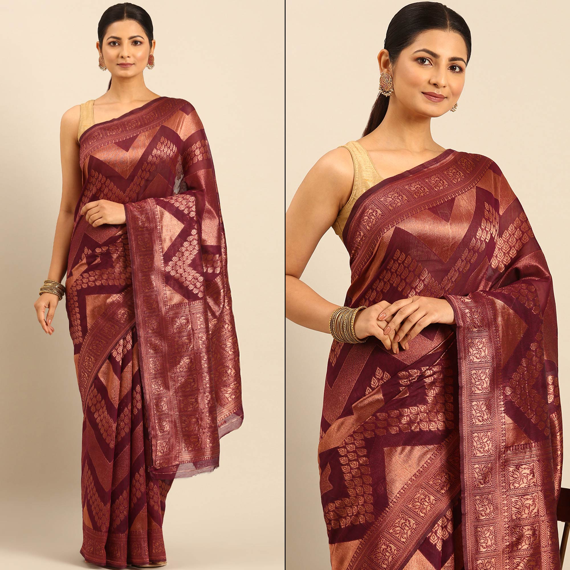 Wine Floral Woven Cotton Silk Saree