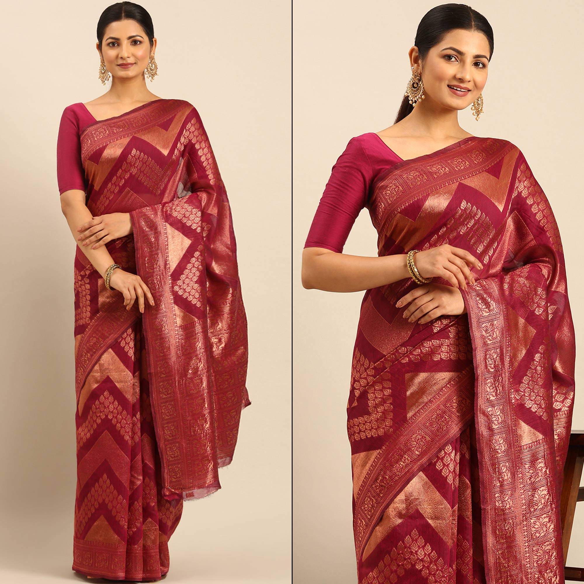 Magenta Floral Woven Cotton Silk Saree