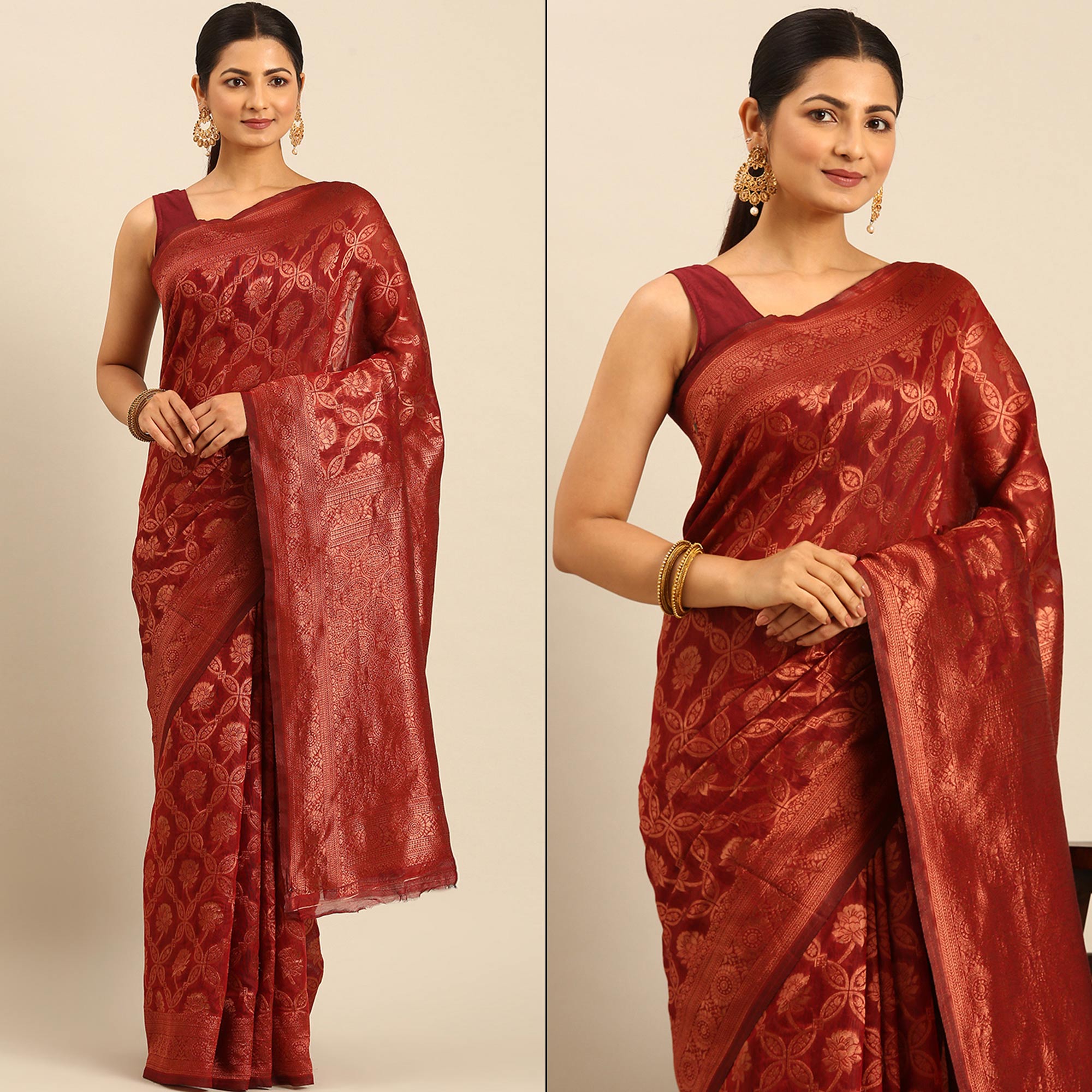 Maroon Floral Woven Cotton Silk Saree