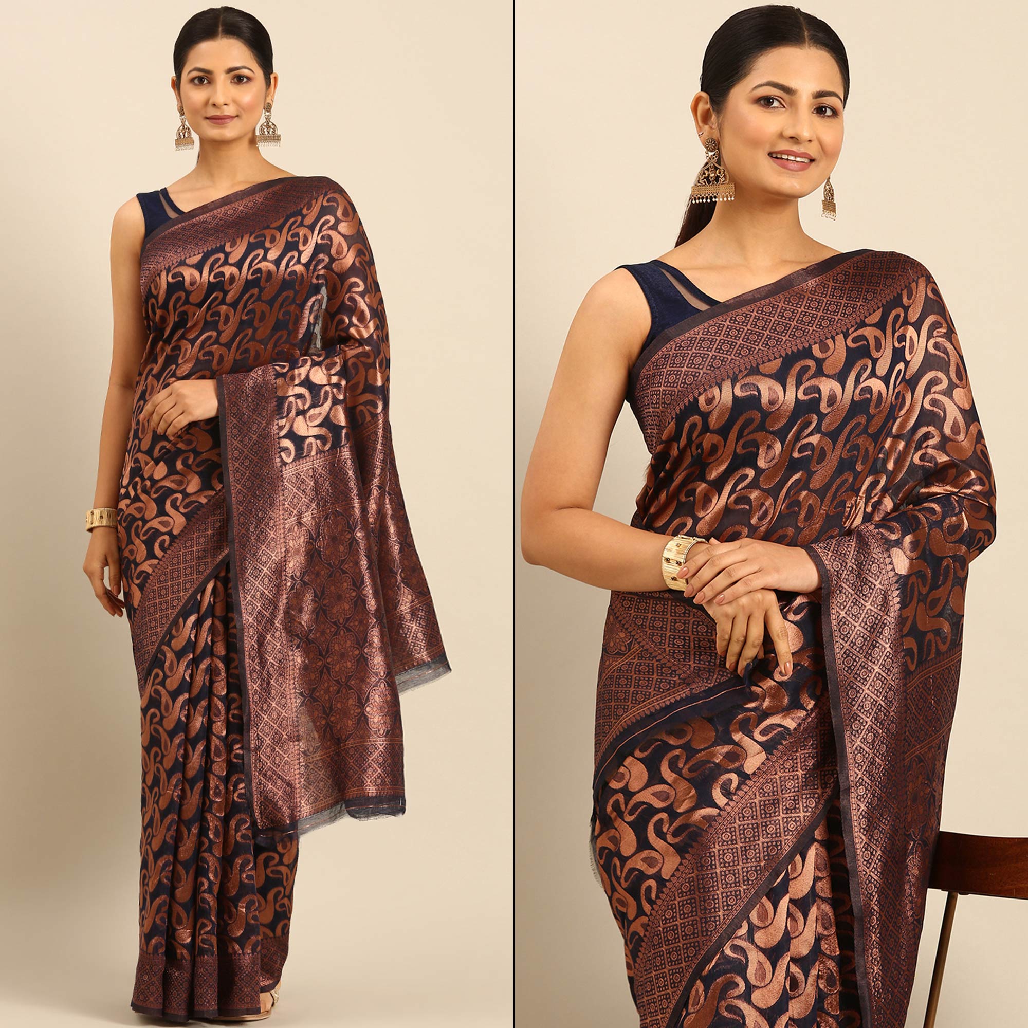 Dark Navy Blue Floral Woven Cotton Silk Saree