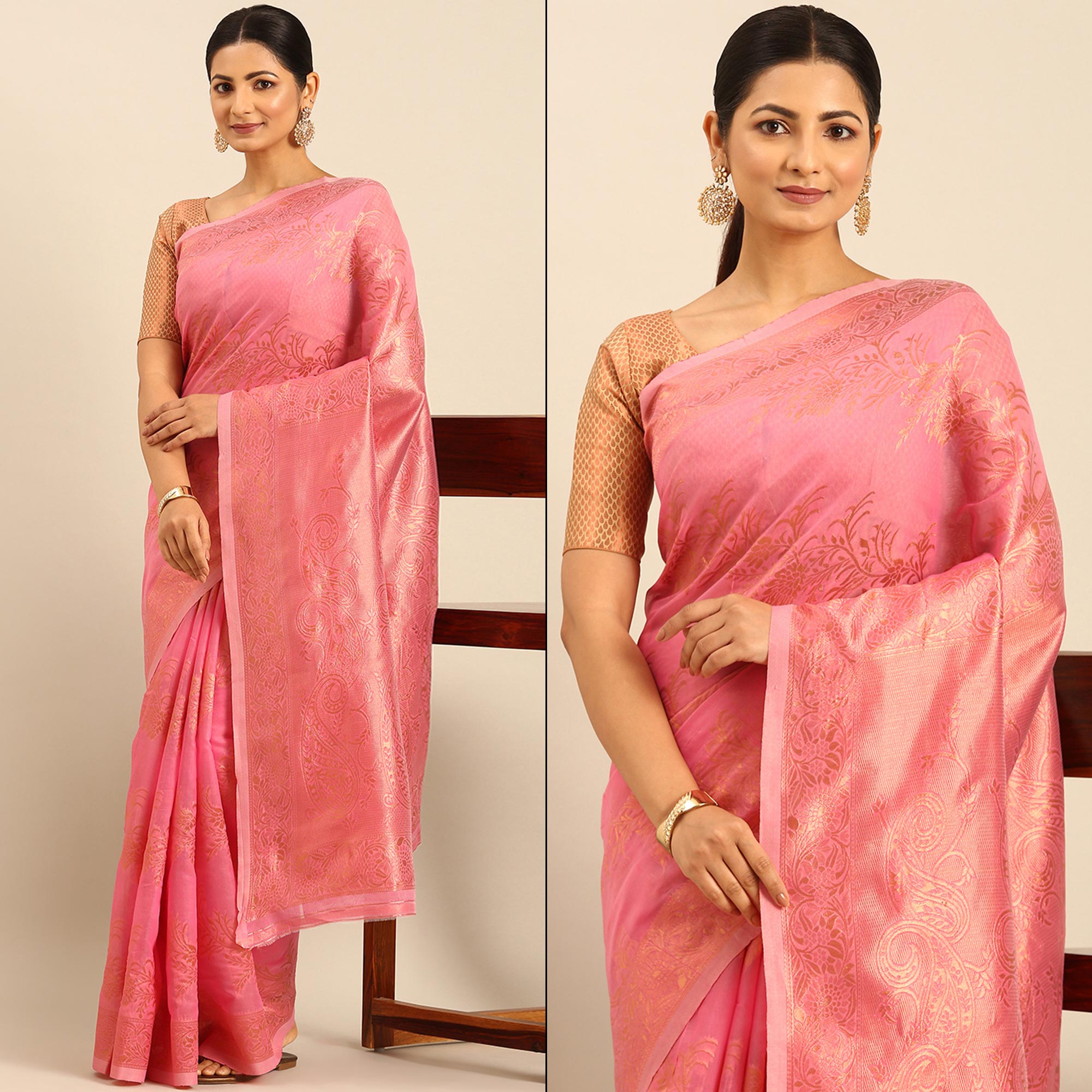 Pink Floral Woven Cotton Silk Saree