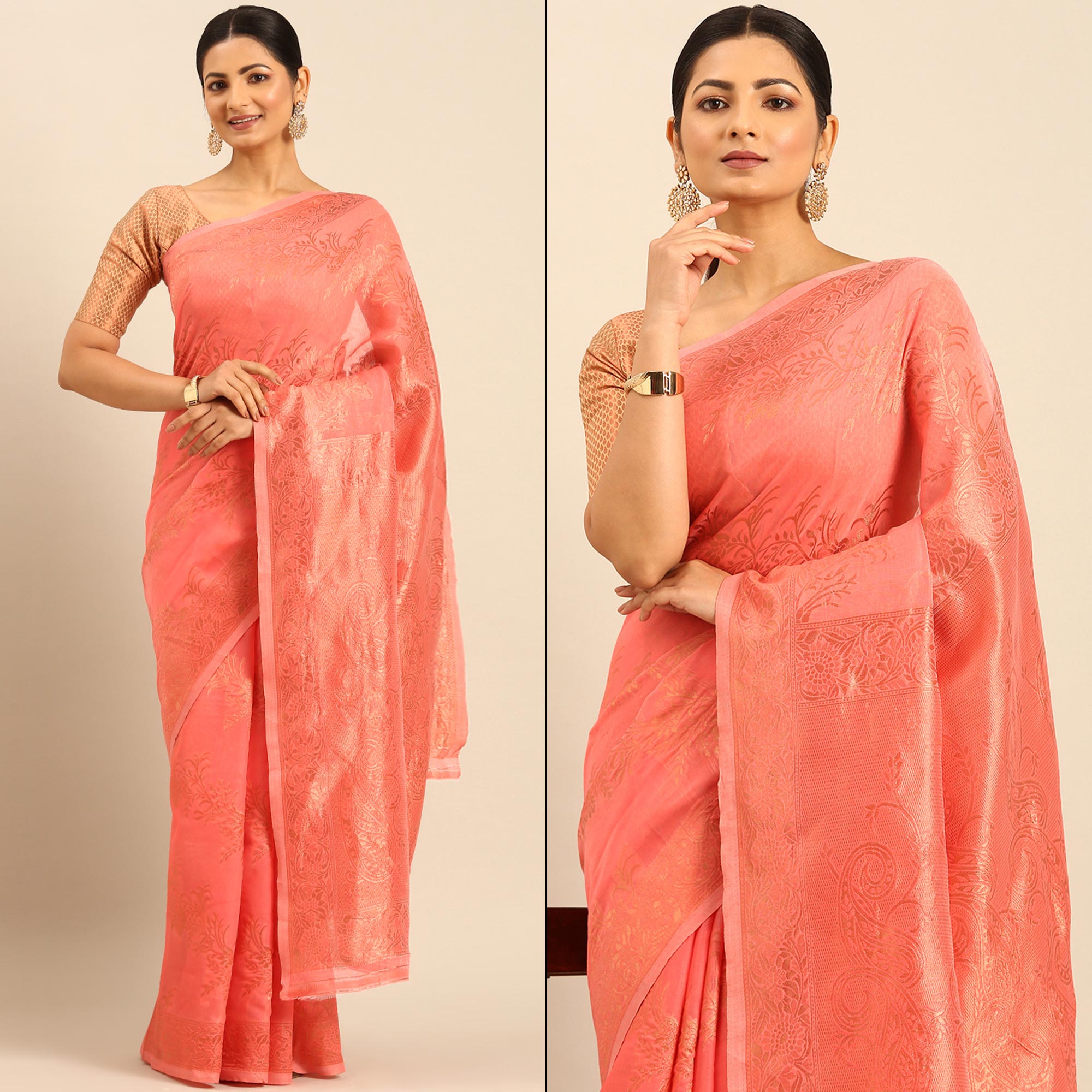 Gajari Pink Floral Woven Cotton Silk Saree