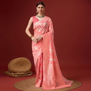 Pink Floral Woven Cotton Blend Saree