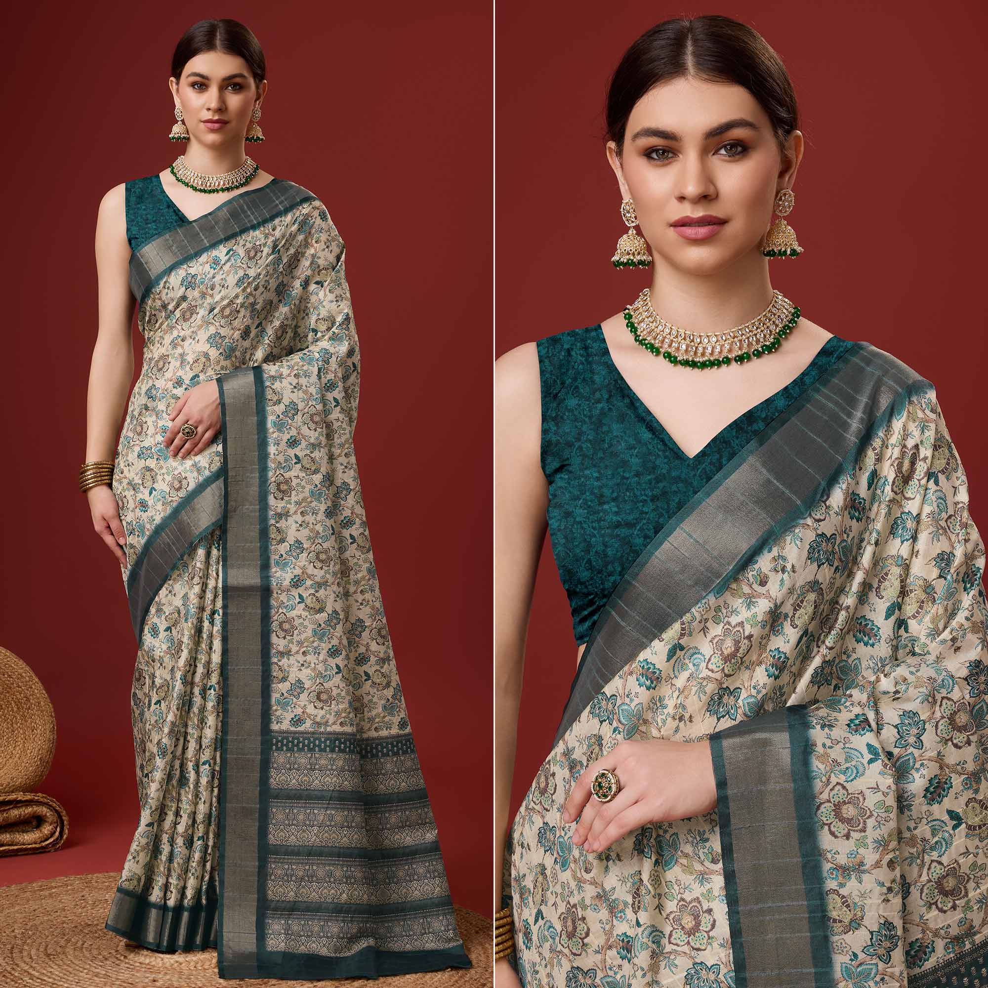 Dusty Cream Digital Printed Cotton Silk Saree