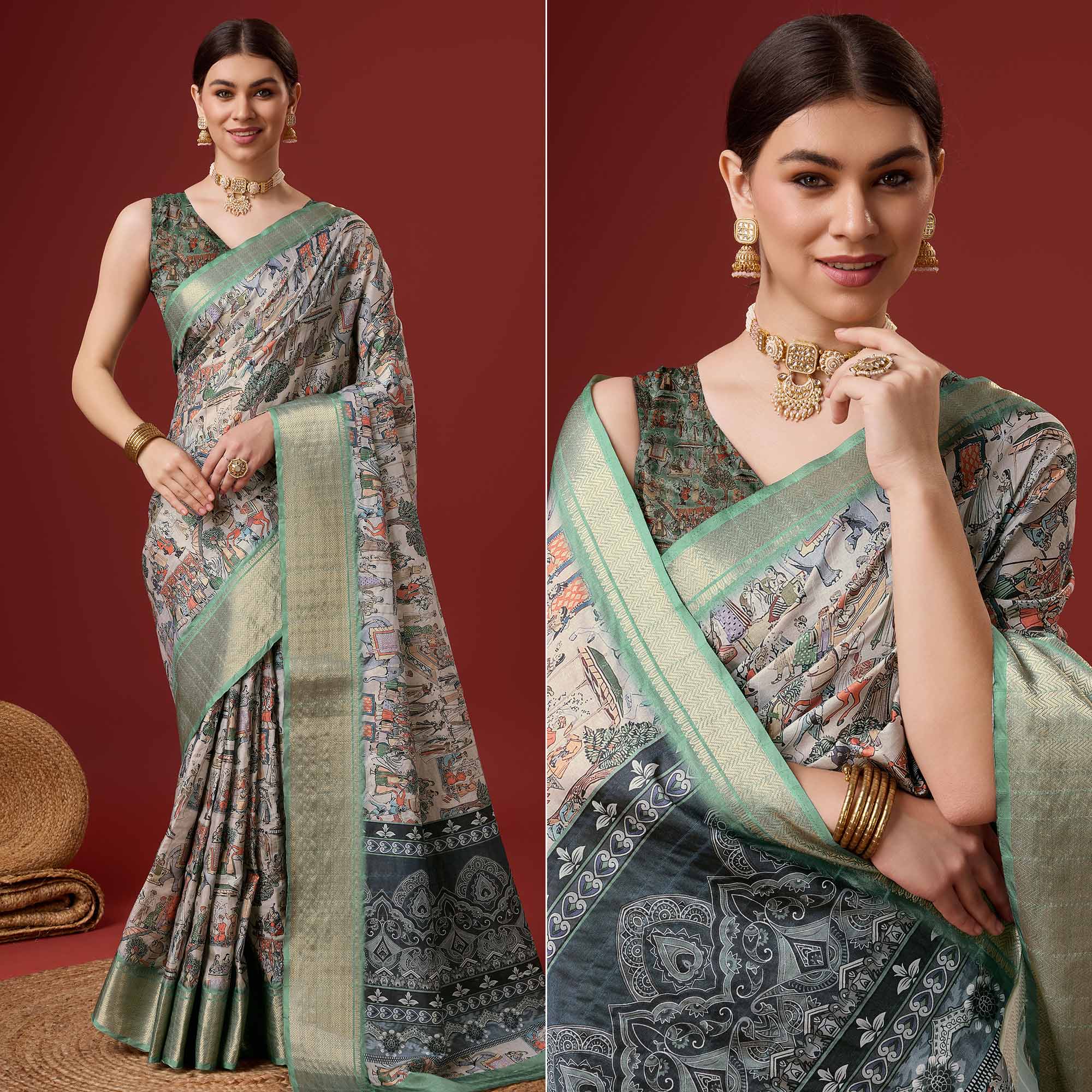 Ash Grey Digital Printed Cotton Silk Saree