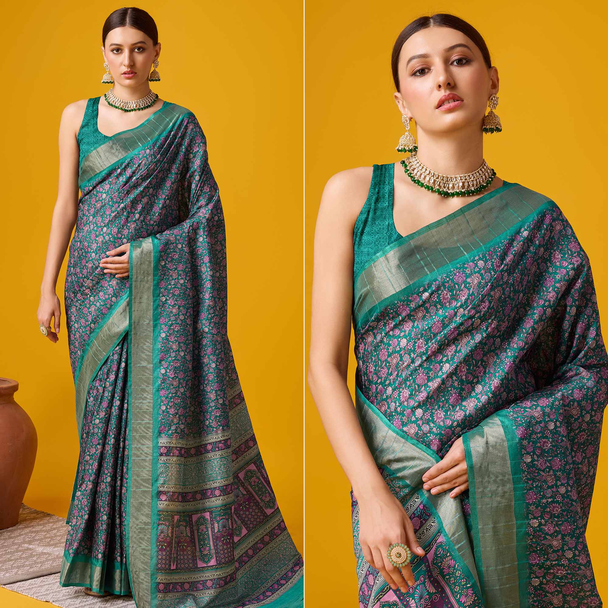 Rama Green Digital Printed Cotton Silk Saree