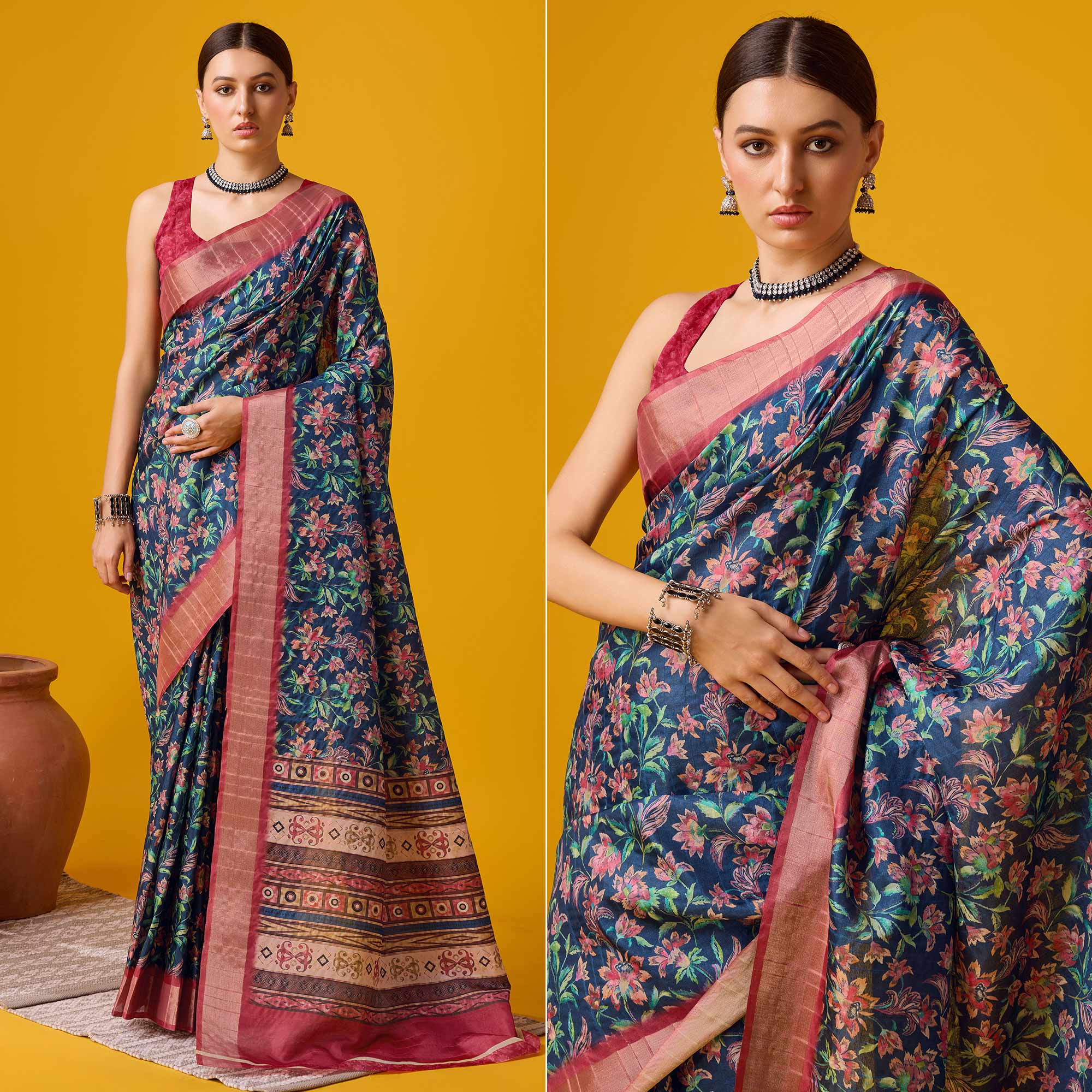 Navy Blue Digital Printed Cotton Silk Saree