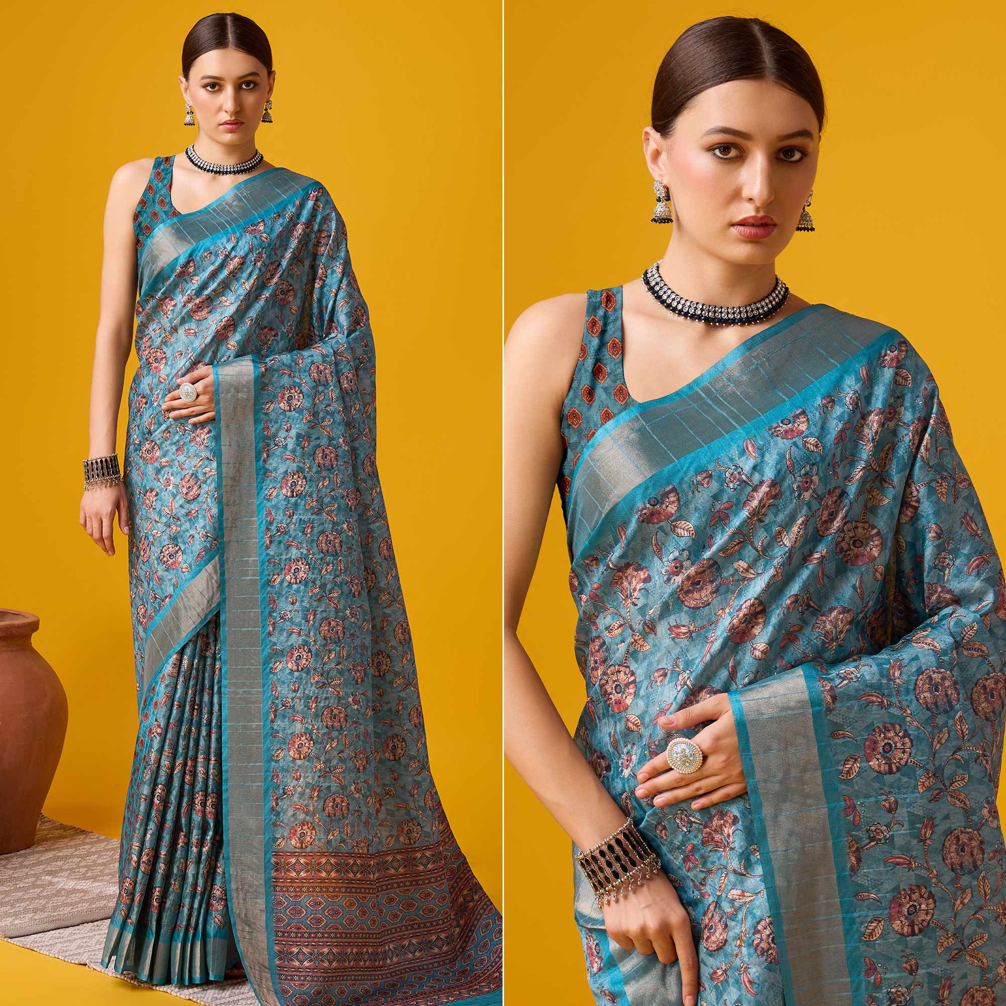 Sky Blue Digital Printed Cotton Silk Saree