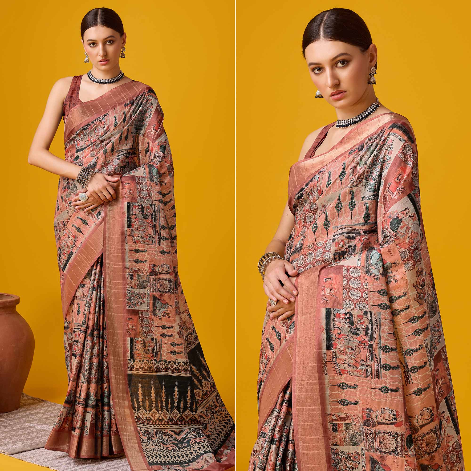 Peach Digital Printed Cotton Silk Saree