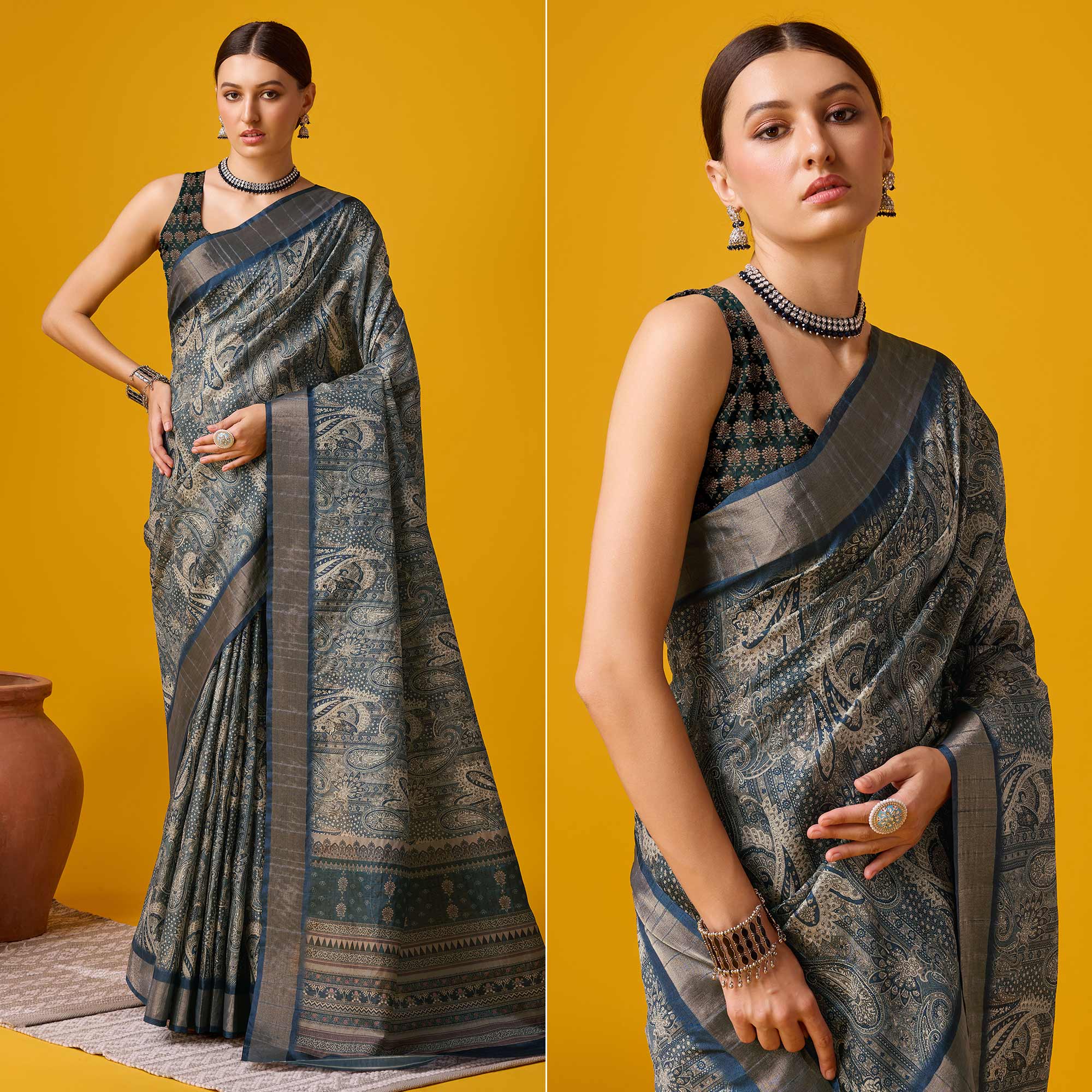 Bluish Grey Digital Printed Cotton Silk Saree