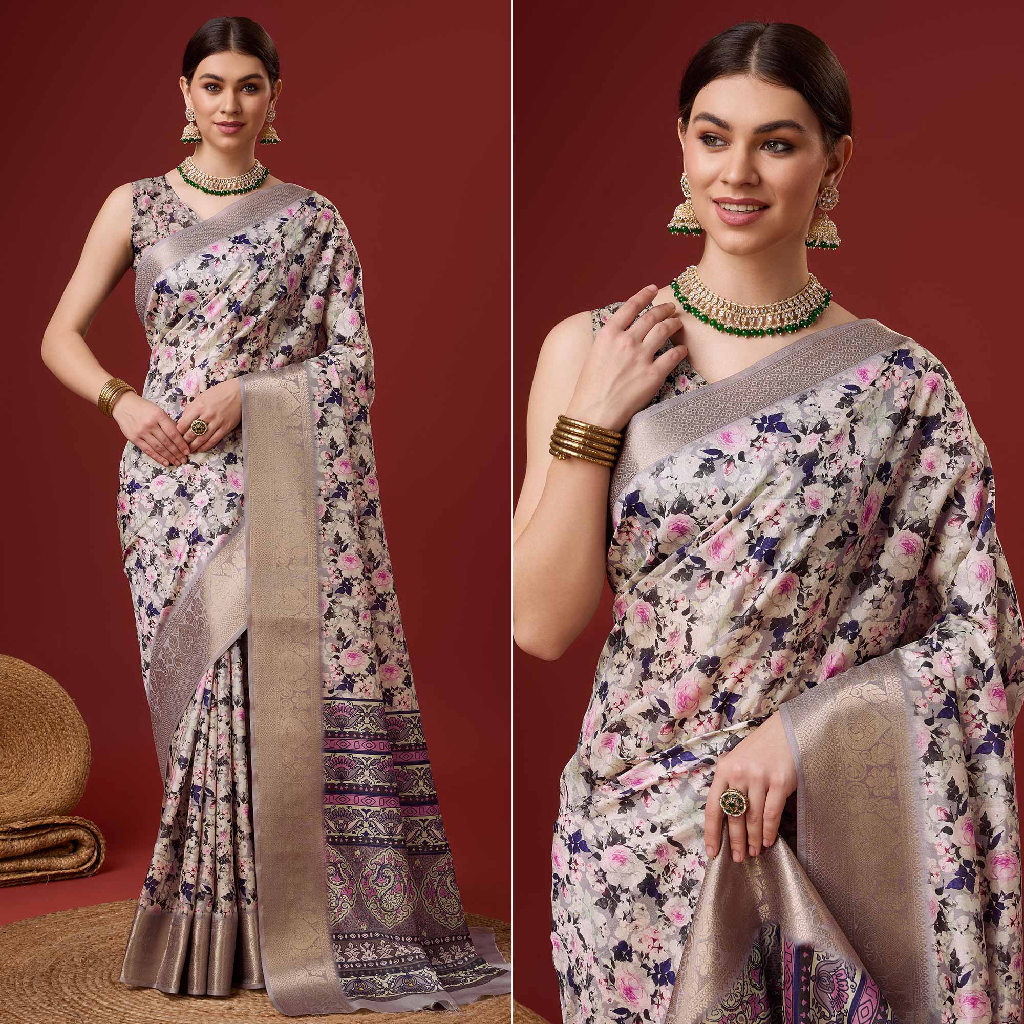 Grey Digital Printed Cotton Silk Saree With Border