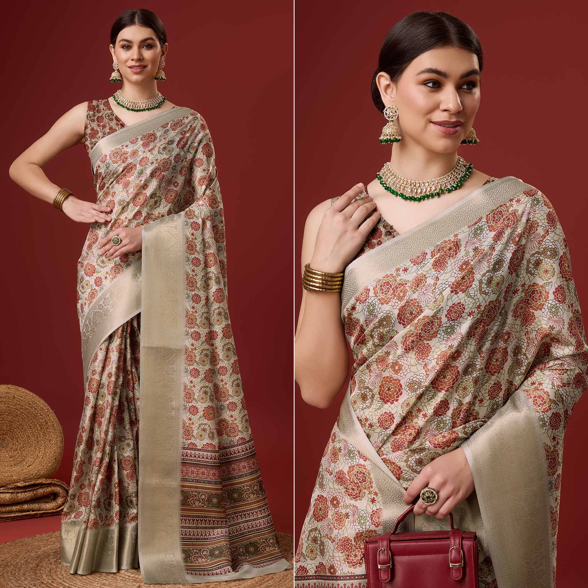 Beige Digital Printed Cotton Silk Saree With Border