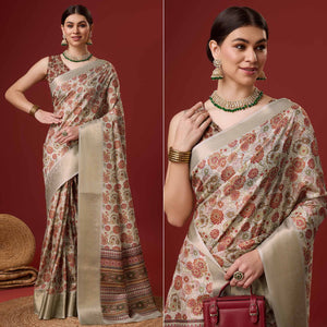 Beige Digital Printed Cotton Silk Saree With Border