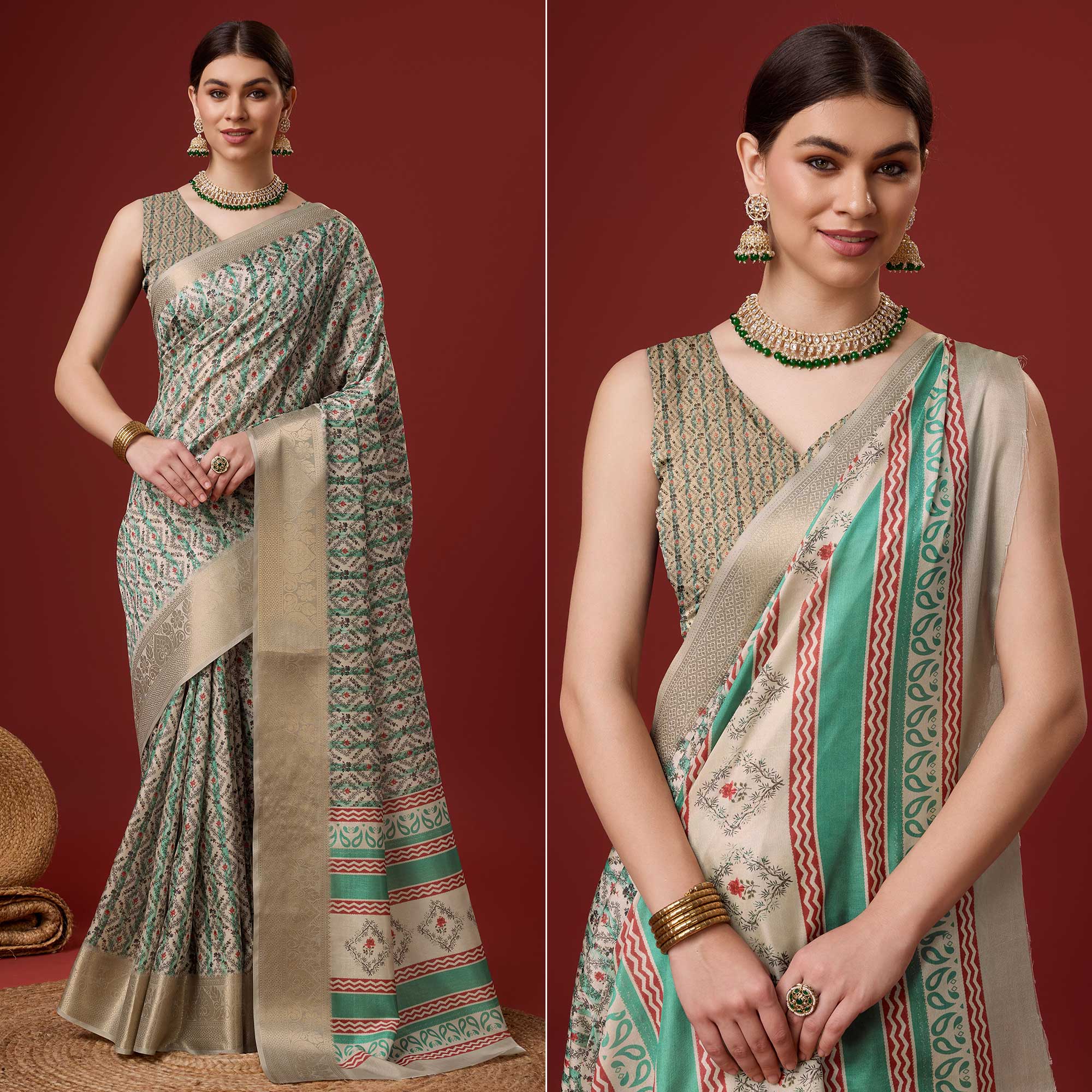 Beige Digital Printed Cotton Silk Saree With Border