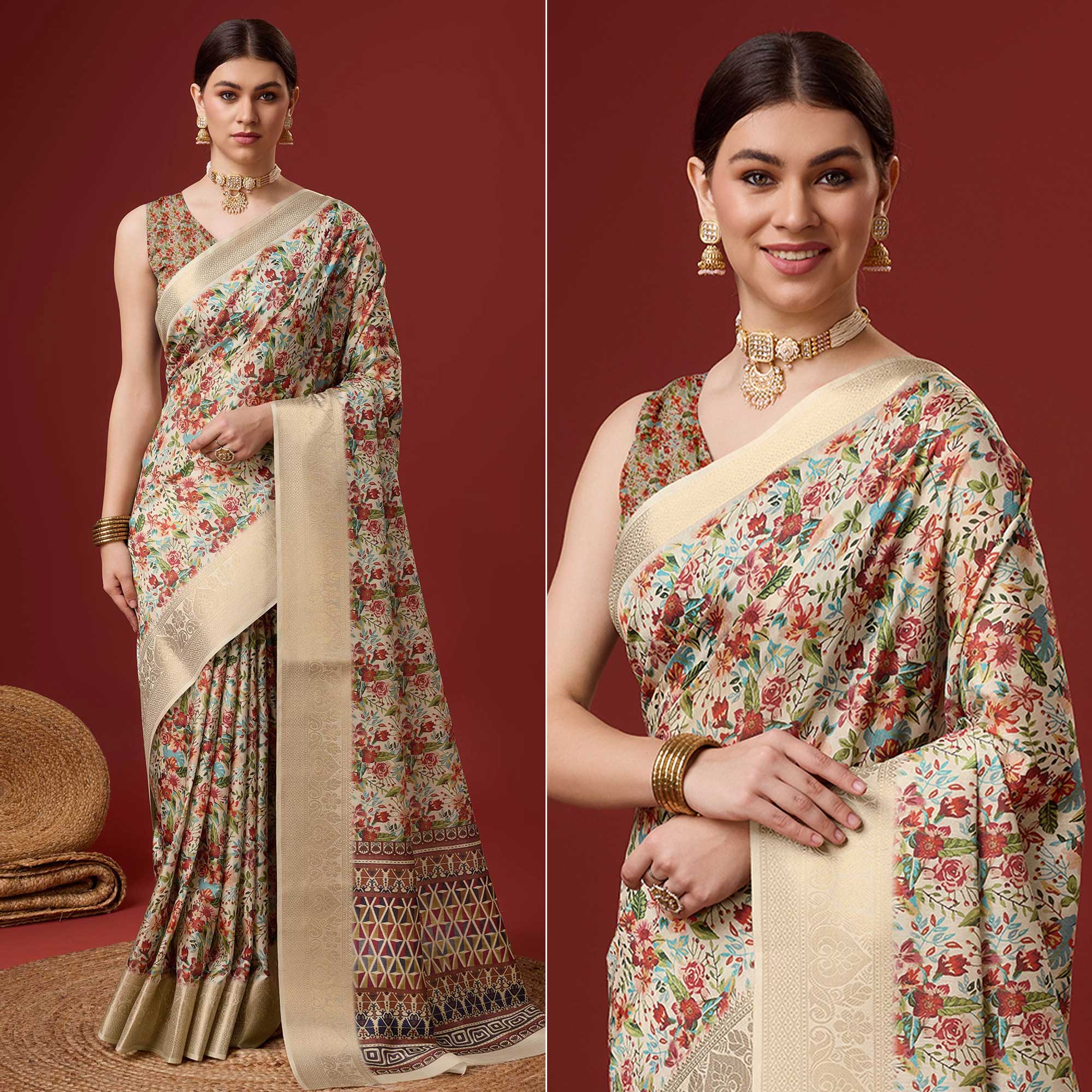 Beige Digital Printed Cotton Silk Saree With Border