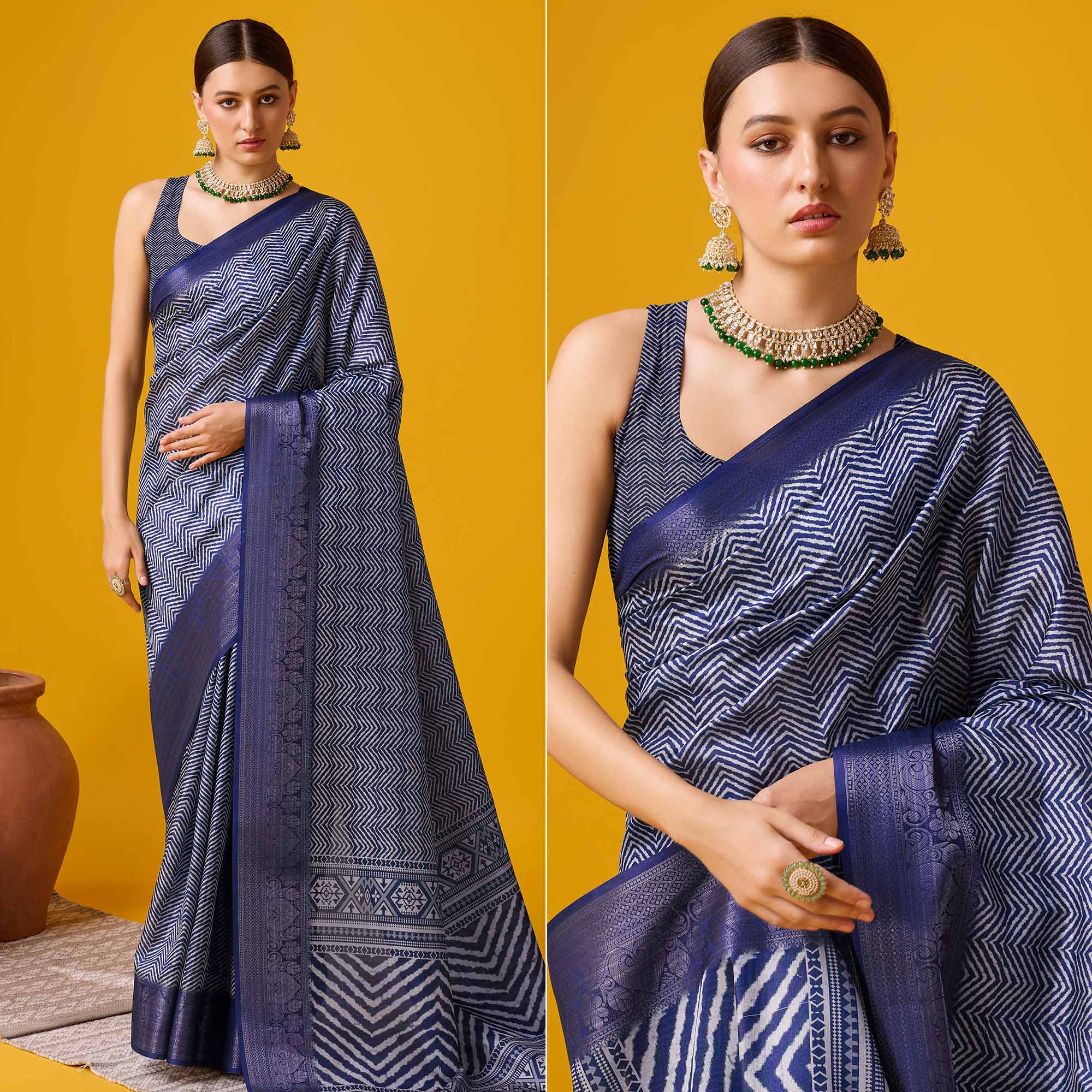 Blue Digital Printed Cotton Silk Saree With Border
