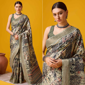 Beige Digital Printed Cotton Silk Saree With Border