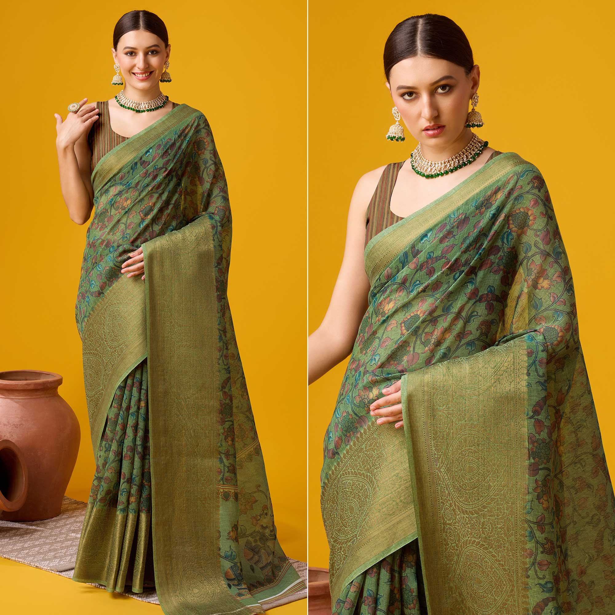 Green Digital Printed Cotton Silk Saree With Border
