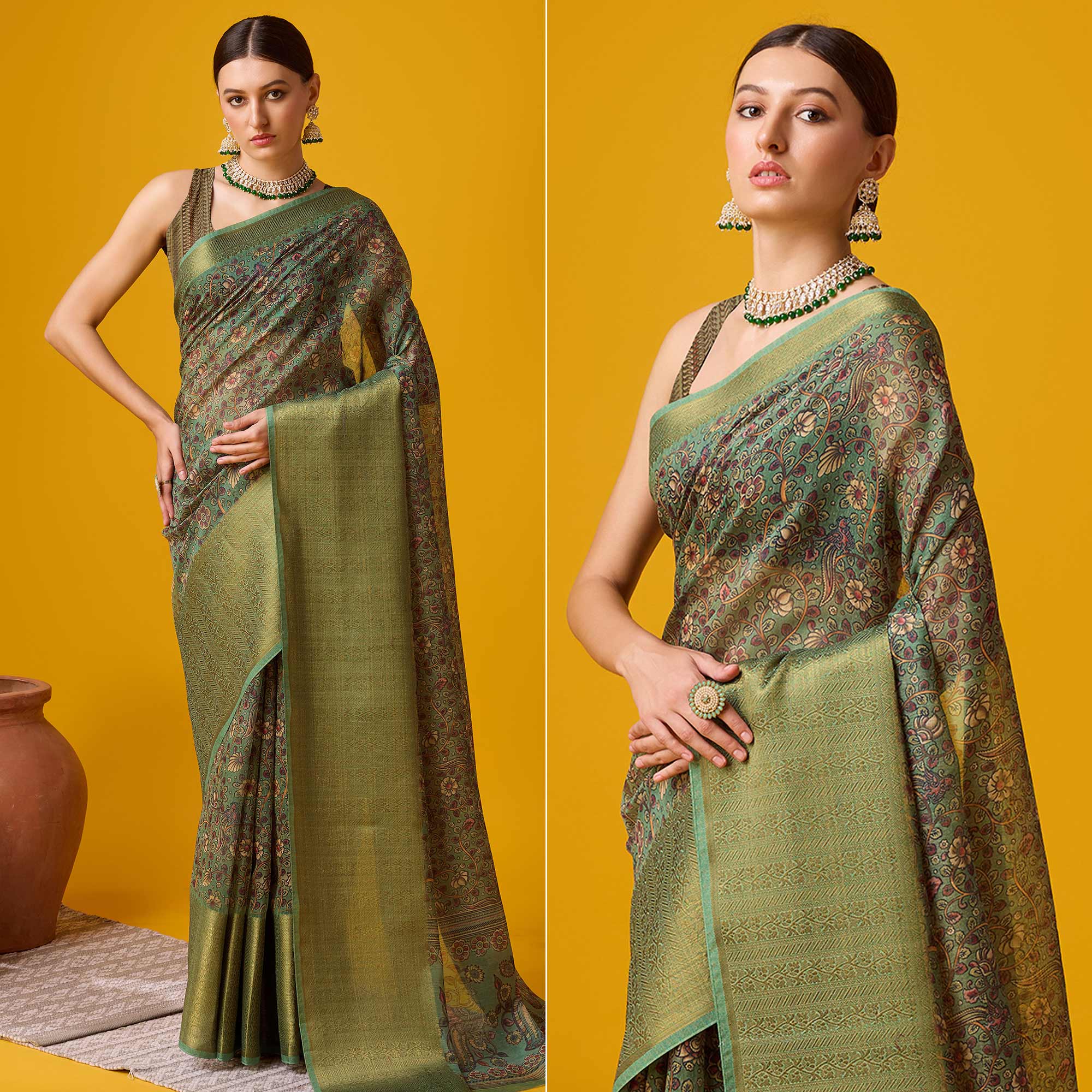 Dusty Green Digital Printed Cotton Silk Saree With Border