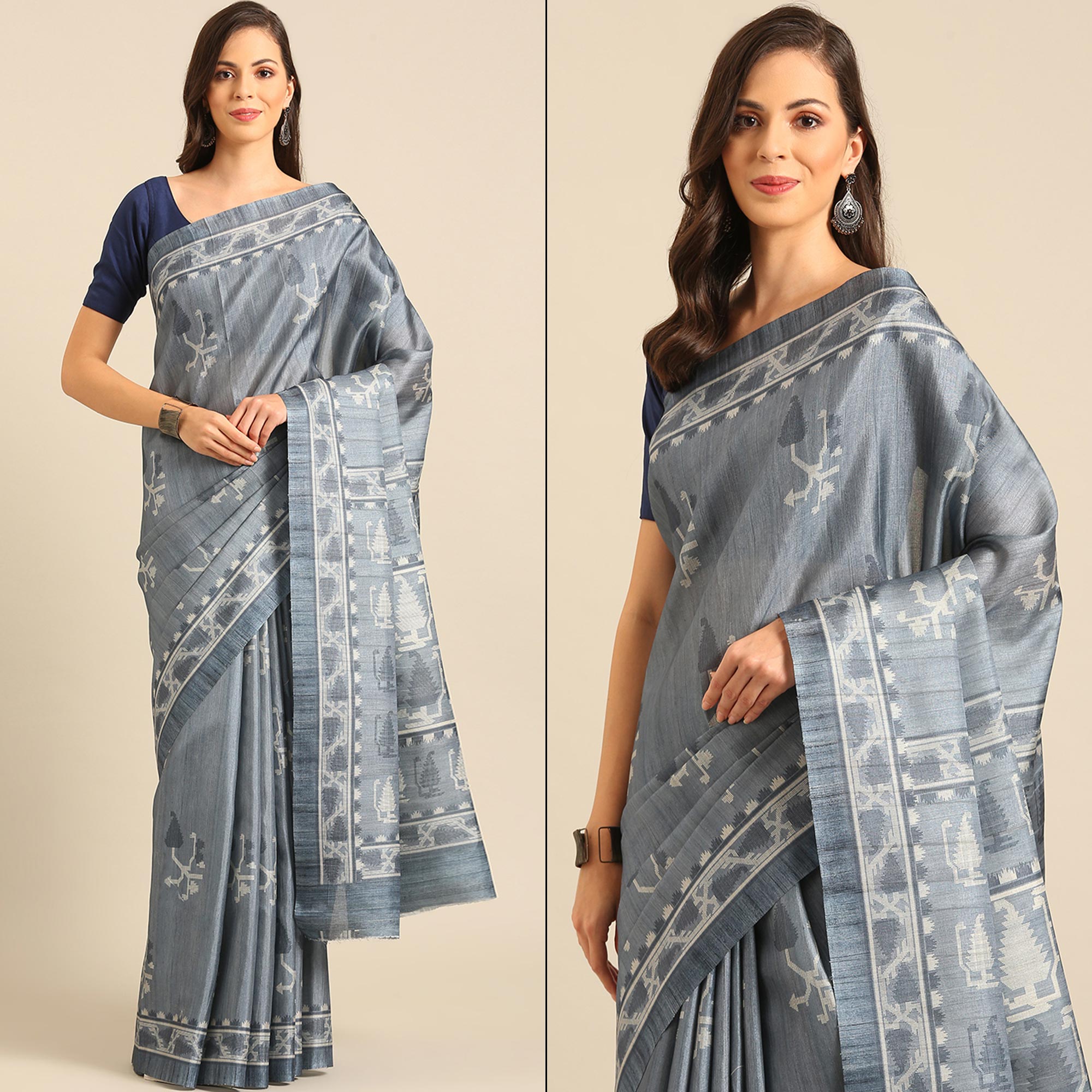 Grey Digital Print Cotton Blend Saree